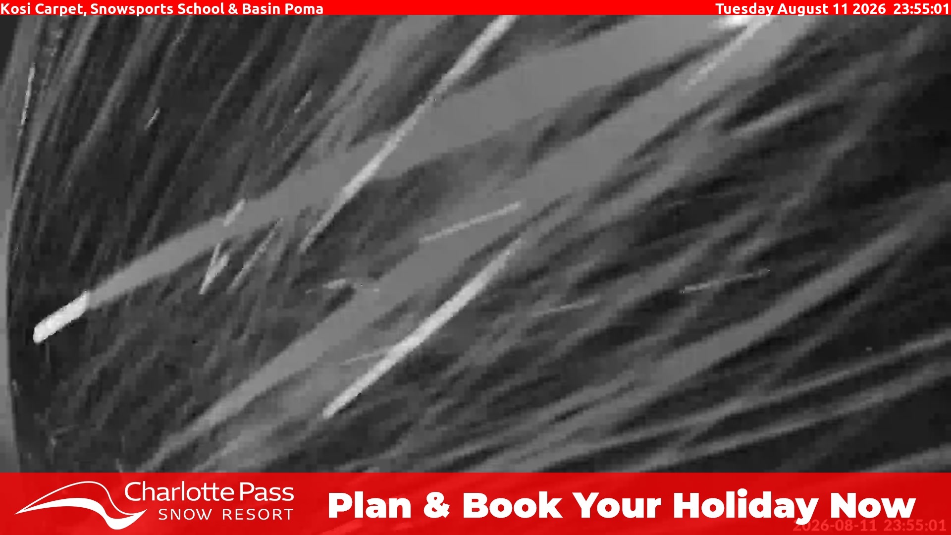 Charlotte Pass Kosi Carpet, Snowsports School and Basin Poma snow cam captured at 11 August 2026 at 11:55 pm AEST