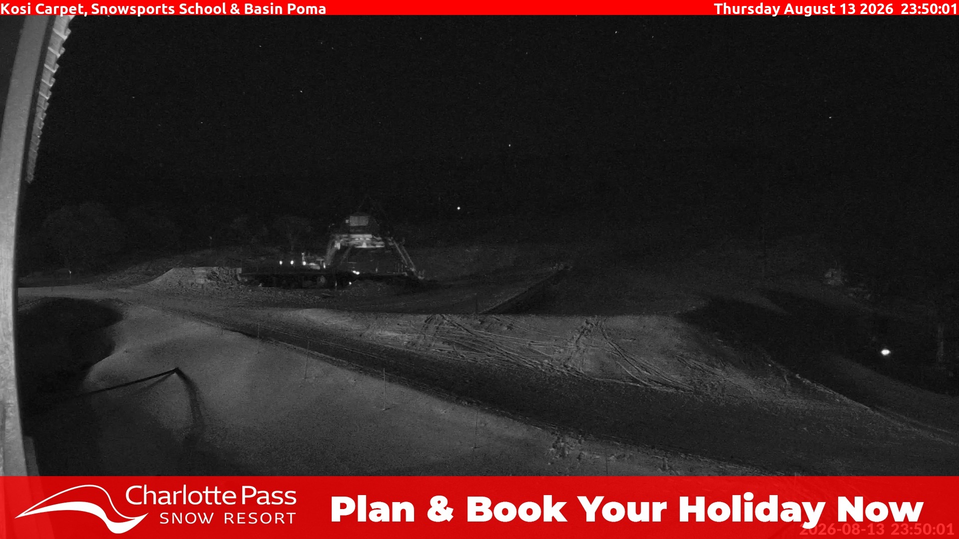 Charlotte Pass Kosi Carpet, Snowsports School and Basin Poma snow cam captured at 13 August 2026 at 11:54 pm AEST