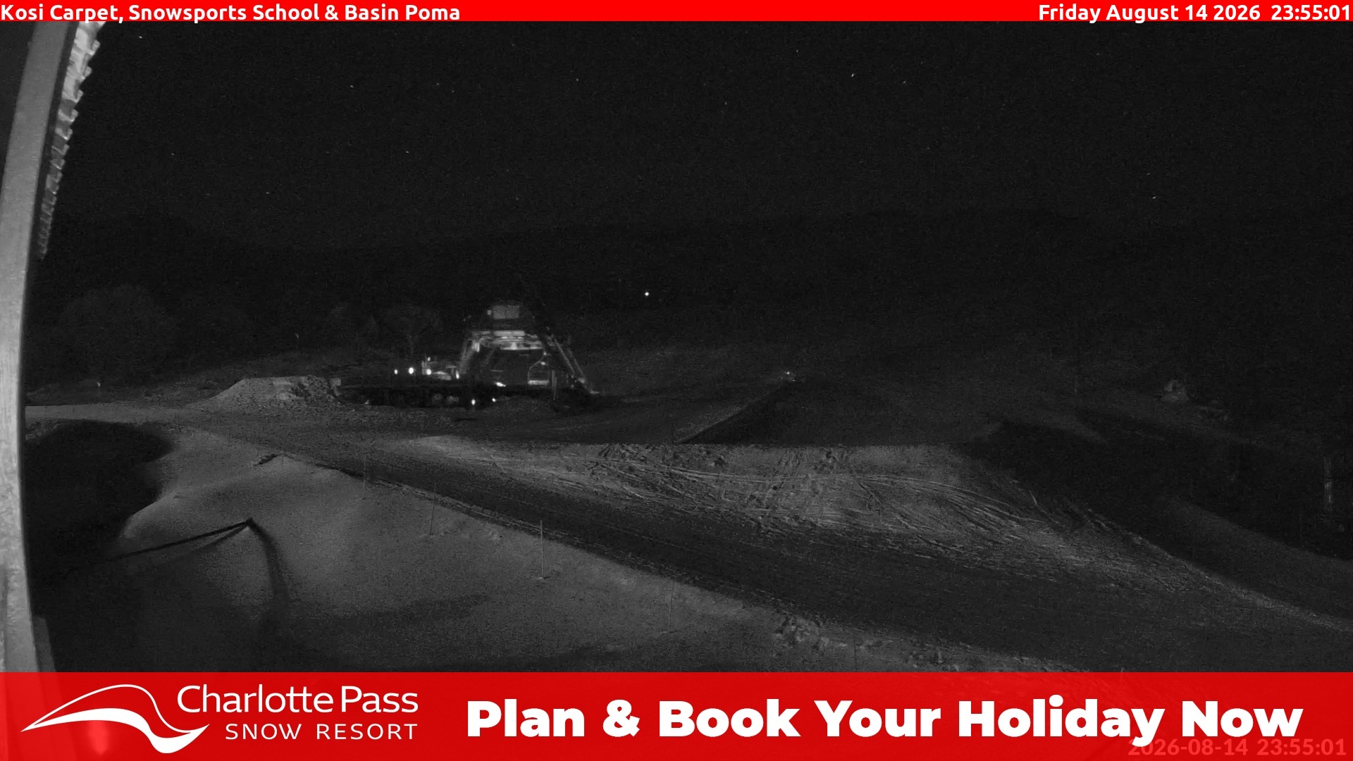 Charlotte Pass Kosi Carpet, Snowsports School and Basin Poma snow cam captured at 14 August 2026 at 11:56 pm AEST