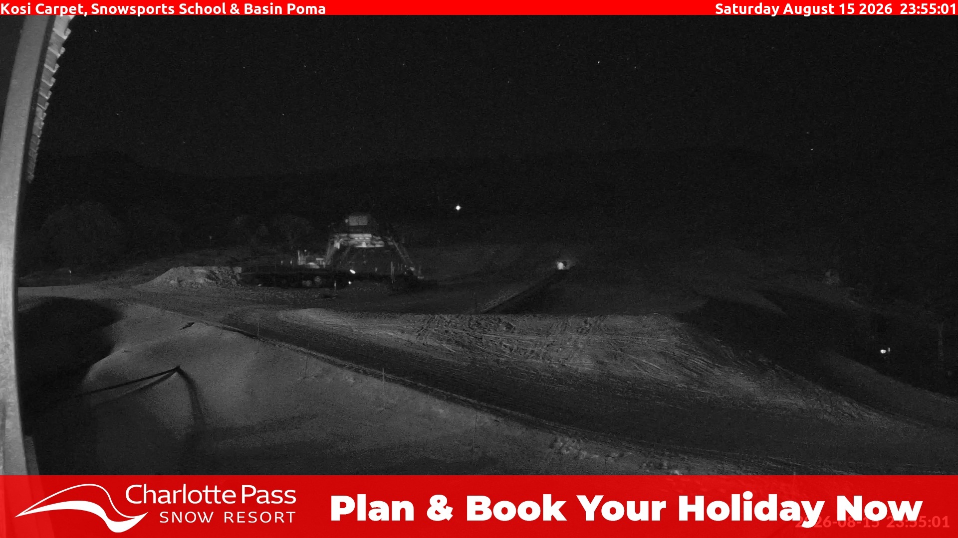 Charlotte Pass Kosi Carpet, Snowsports School and Basin Poma snow cam captured at 15 August 2026 at 11:57 pm AEST