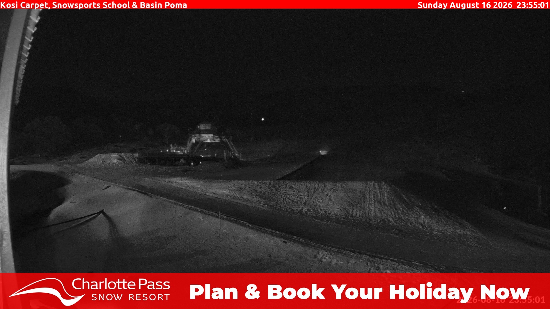 Charlotte Pass Kosi Carpet, Snowsports School and Basin Poma snow cam captured at 16 August 2026 at 11:59 pm AEST