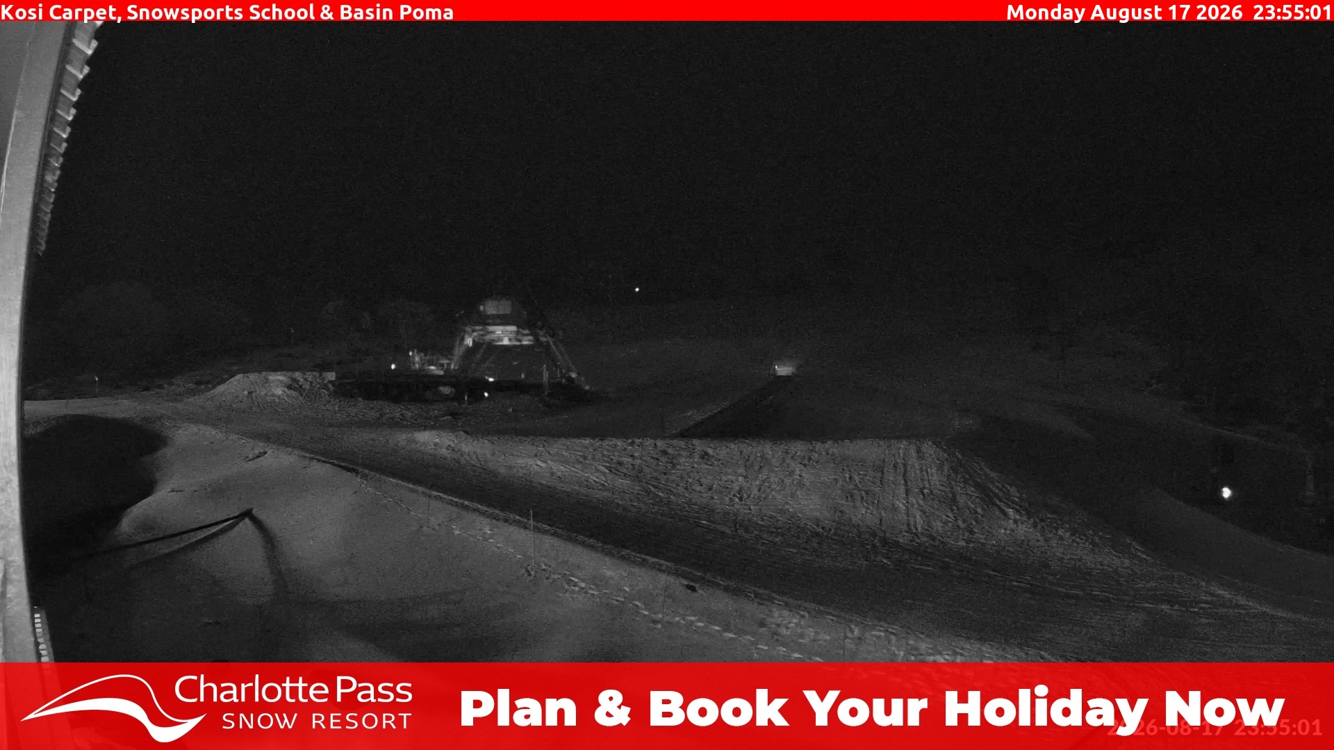 Charlotte Pass Kosi Carpet, Snowsports School and Basin Poma snow cam captured at 17 August 2026 at 11:59 pm AEST