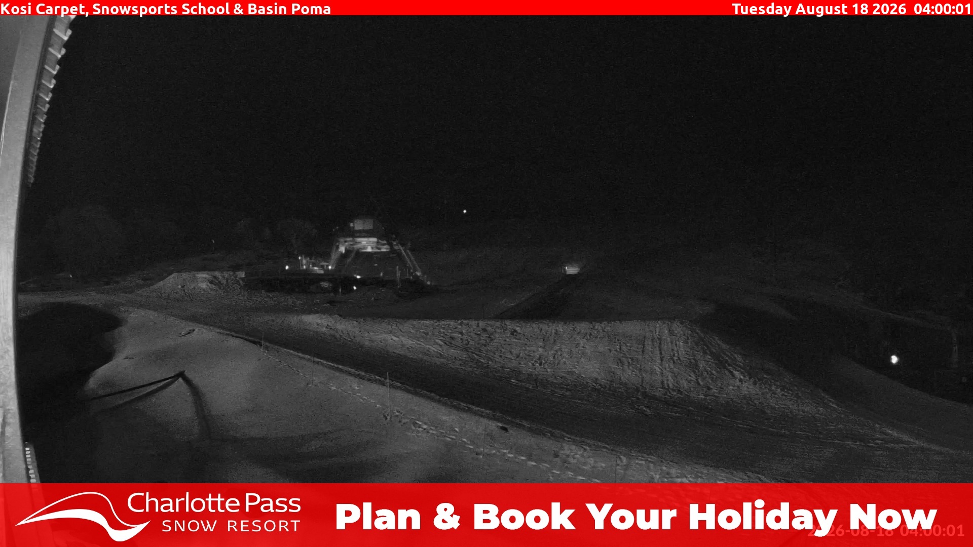 Charlotte Pass Kosi Carpet, Snowsports School and Basin Poma snow cam captured at 18 August 2026 at 4:01 am AEST
