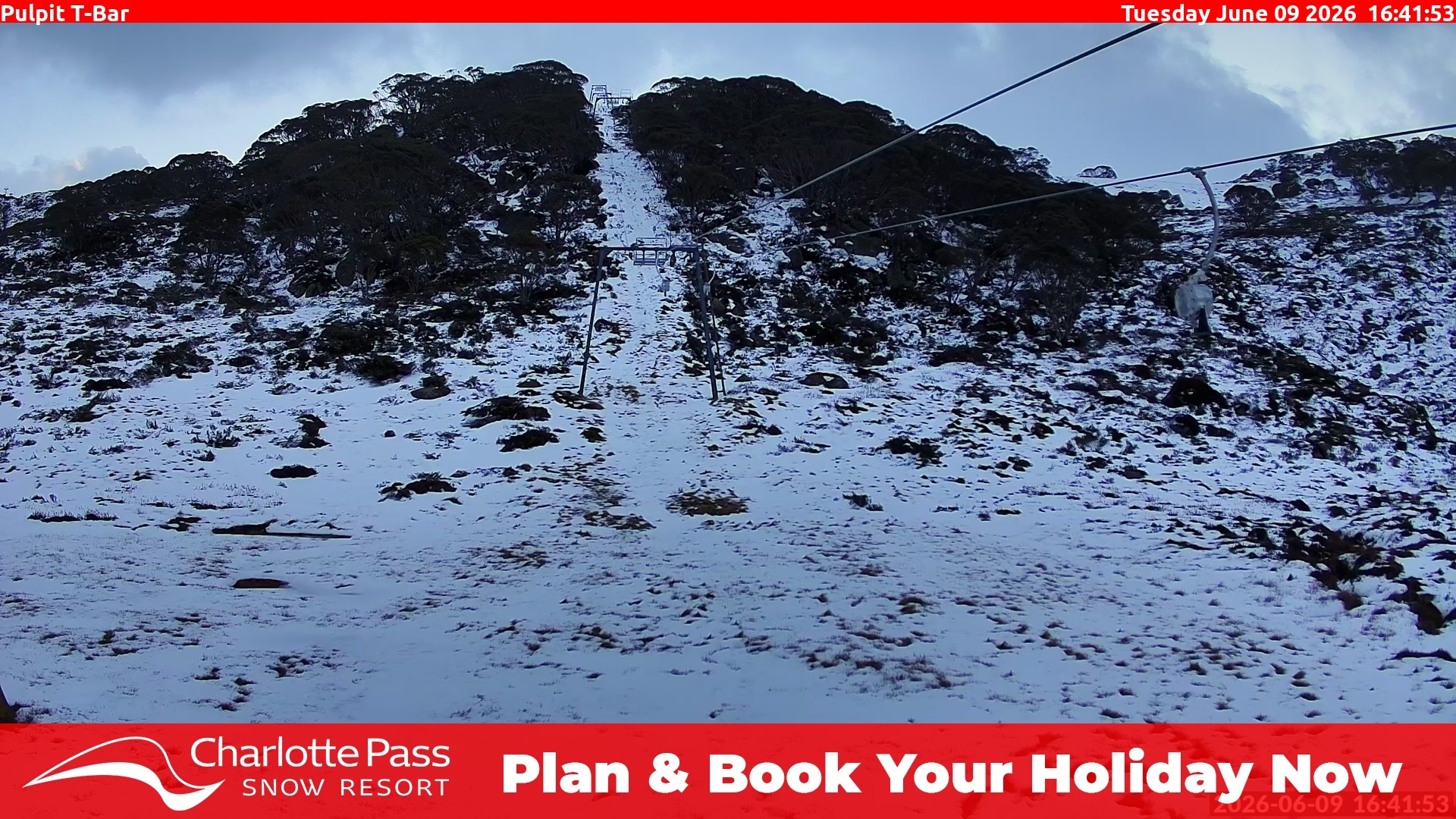 Charlotte Pass Pulpit T-Bar snow cam captured at 9 June 2026, 6:44 am