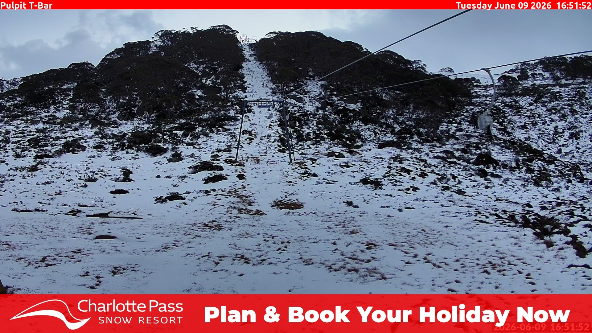 Charlotte Pass Pulpit T-Bar snow cam captured at 9 June 2026, 6:56 am
