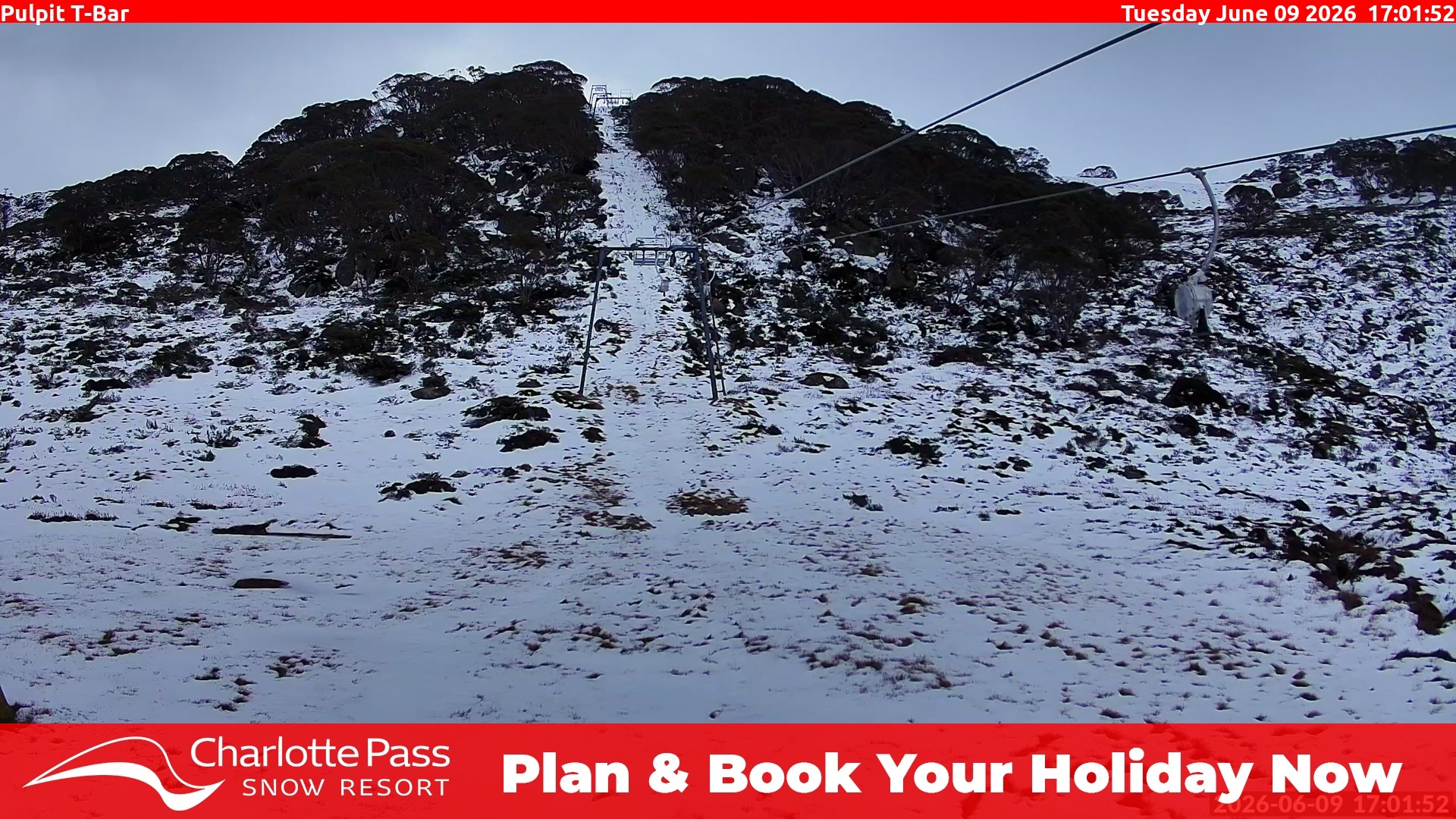 Charlotte Pass Pulpit T-Bar snow cam captured at 9 June 2026, 7:02 am
