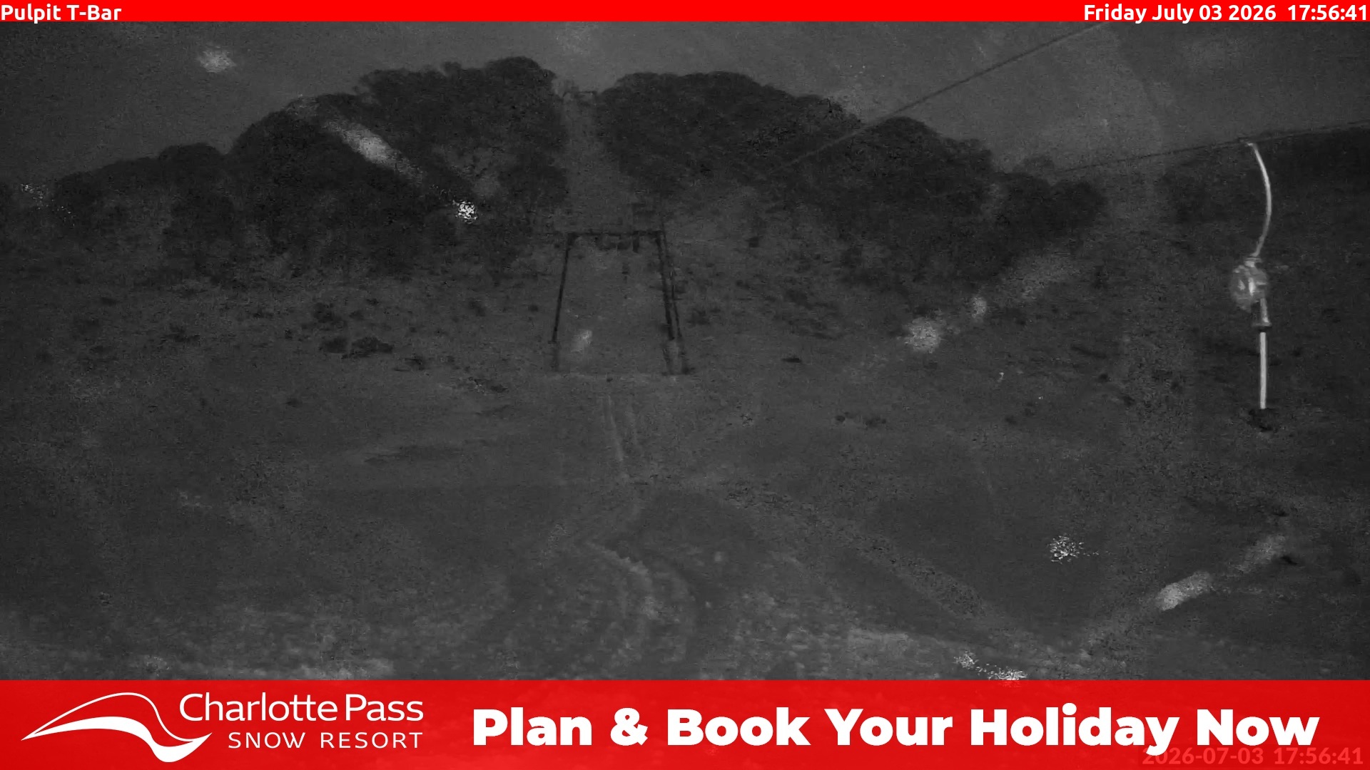 Charlotte Pass Pulpit T-Bar snow cam captured at 3 July 2026 at 6:00 pm AEST
