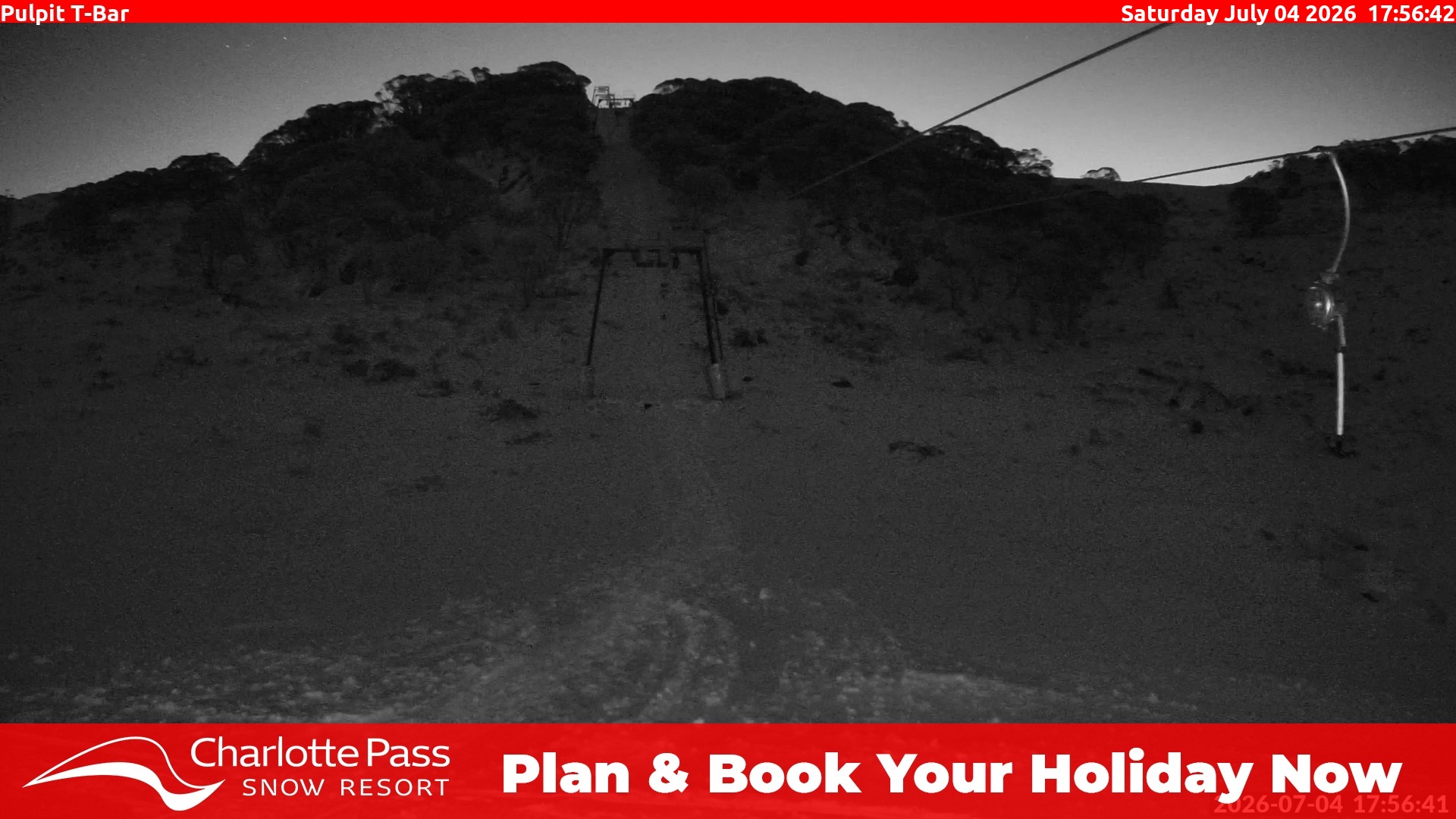Charlotte Pass Pulpit T-Bar snow cam captured at 4 July 2026 at 6:01 pm AEST