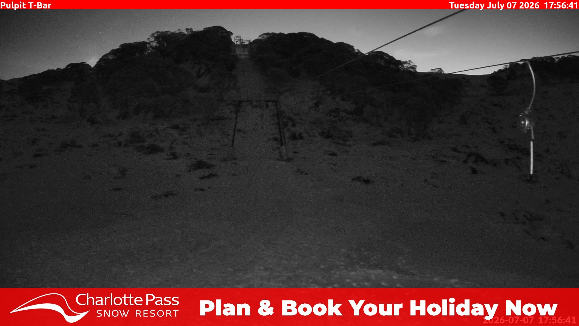 Charlotte Pass Pulpit T-Bar snow cam captured at 7 July 2026 at 6:04 pm AEST