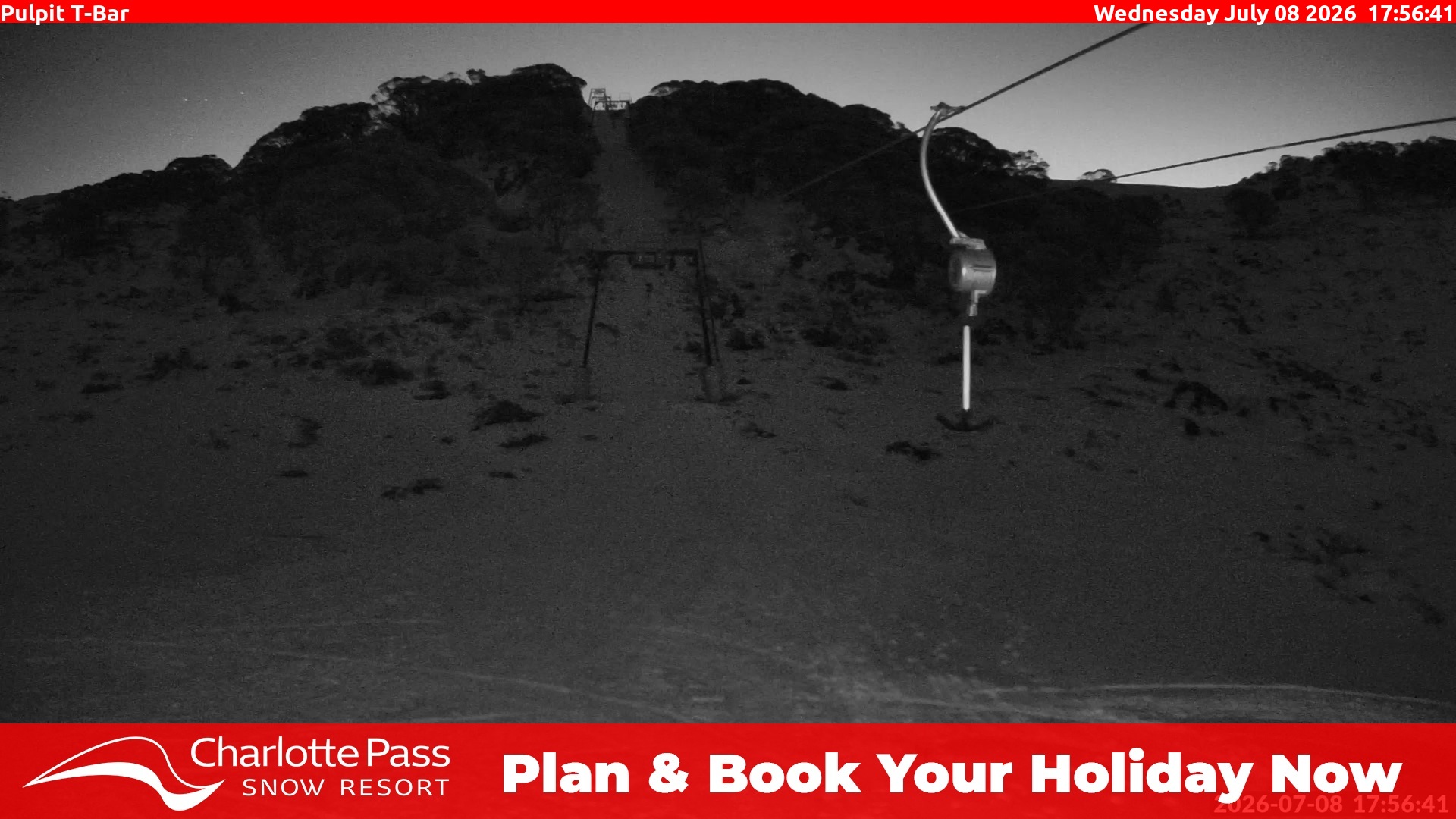 Charlotte Pass Pulpit T-Bar snow cam captured at 8 July 2026 at 6:05 pm AEST