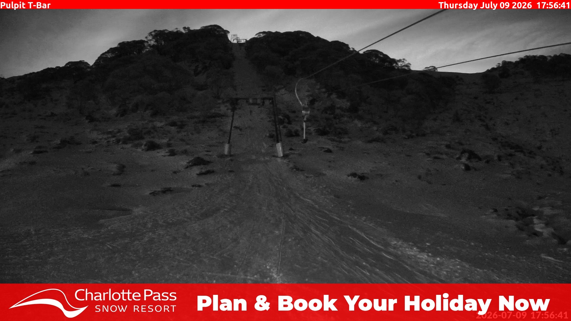 Charlotte Pass Pulpit T-Bar snow cam captured at 9 July 2026 at 6:06 pm AEST