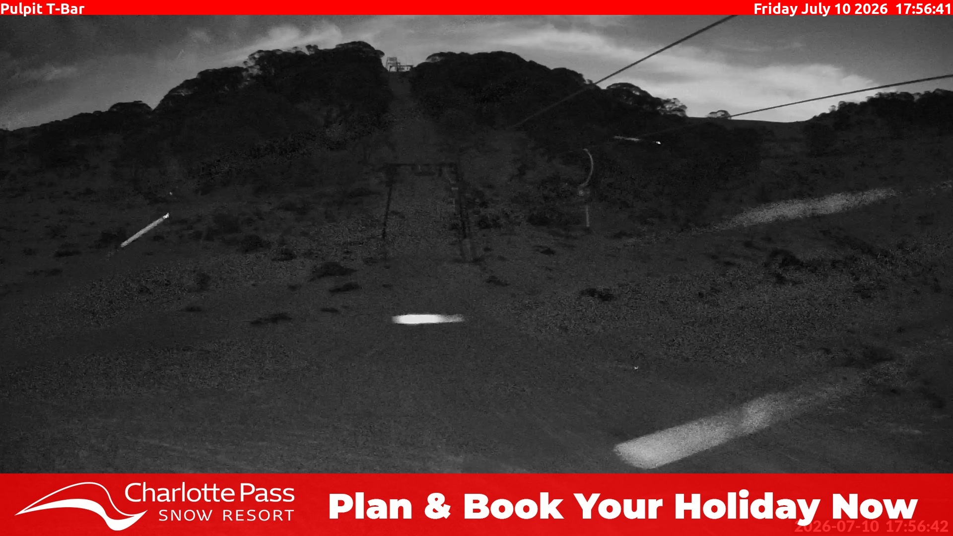 Charlotte Pass Pulpit T-Bar snow cam captured at 10 July 2026 at 6:07 pm AEST