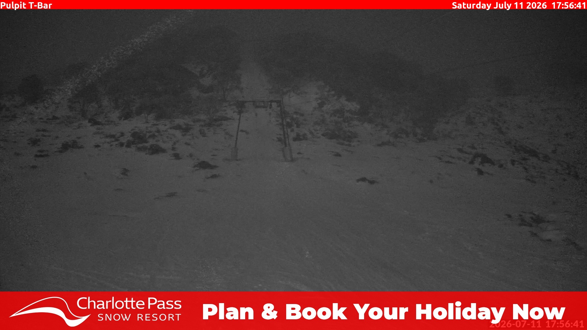 Charlotte Pass Pulpit T-Bar snow cam captured at 11 July 2026 at 5:57 pm AEST