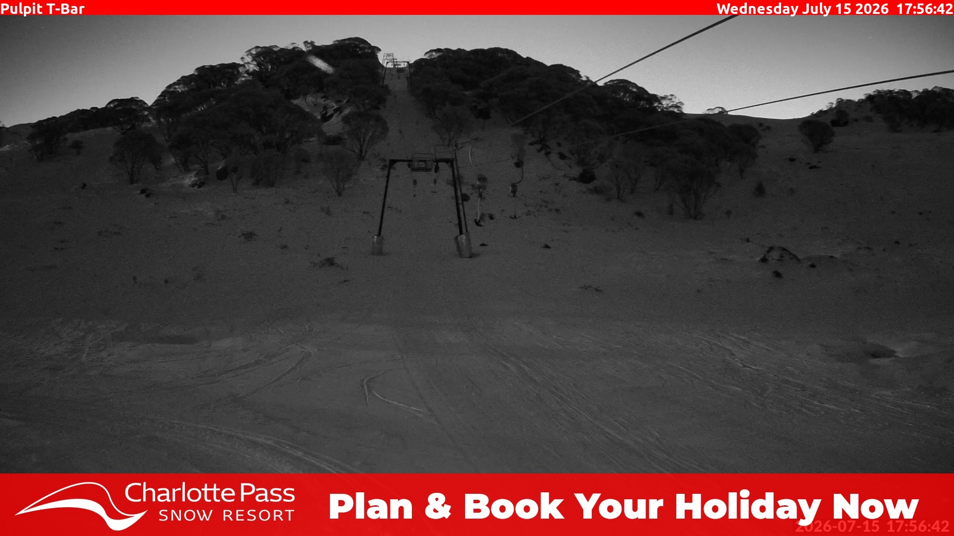 Charlotte Pass Pulpit T-Bar snow cam captured at 15 July 2026 at 6:02 pm AEST
