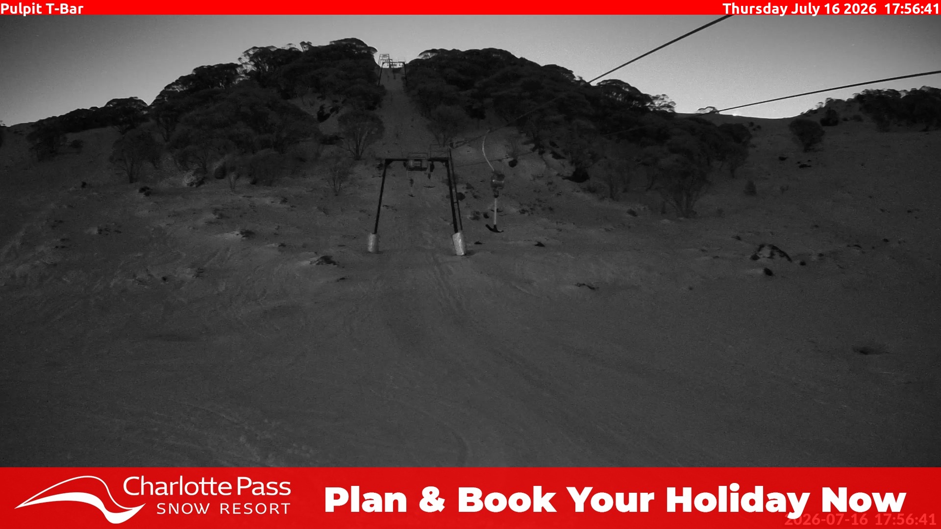 Charlotte Pass Pulpit T-Bar snow cam captured at 16 July 2026 at 6:03 pm AEST