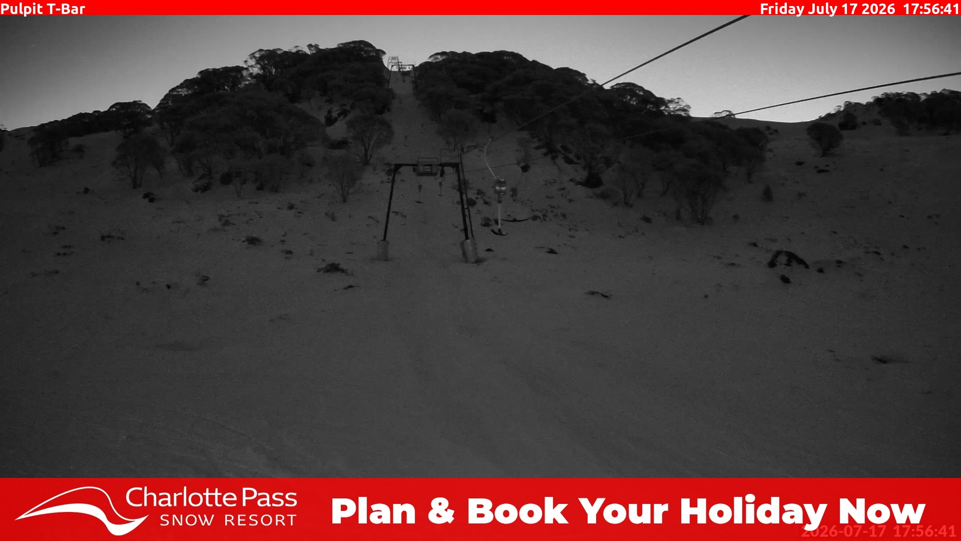 Charlotte Pass Pulpit T-Bar snow cam captured at 17 July 2026 at 6:04 pm AEST