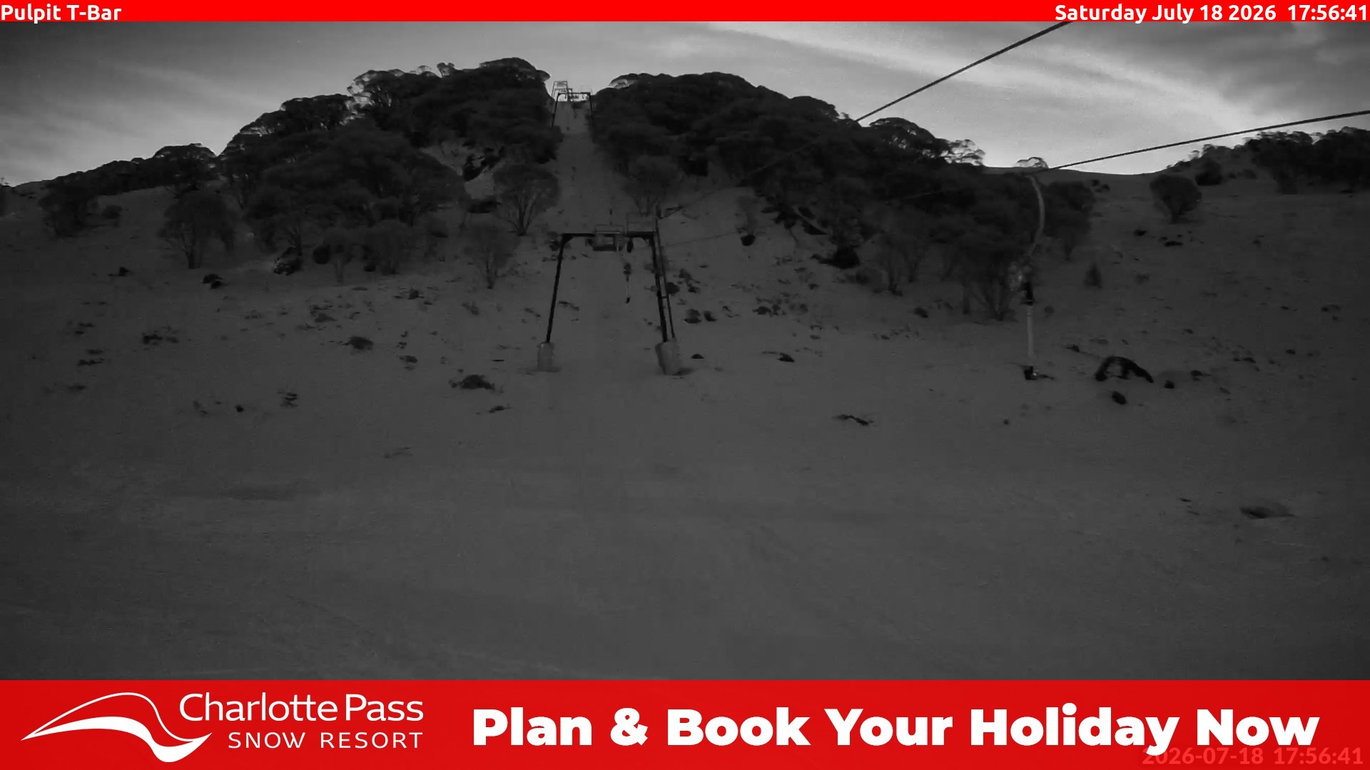 Charlotte Pass Pulpit T-Bar snow cam captured at 18 July 2026 at 6:05 pm AEST
