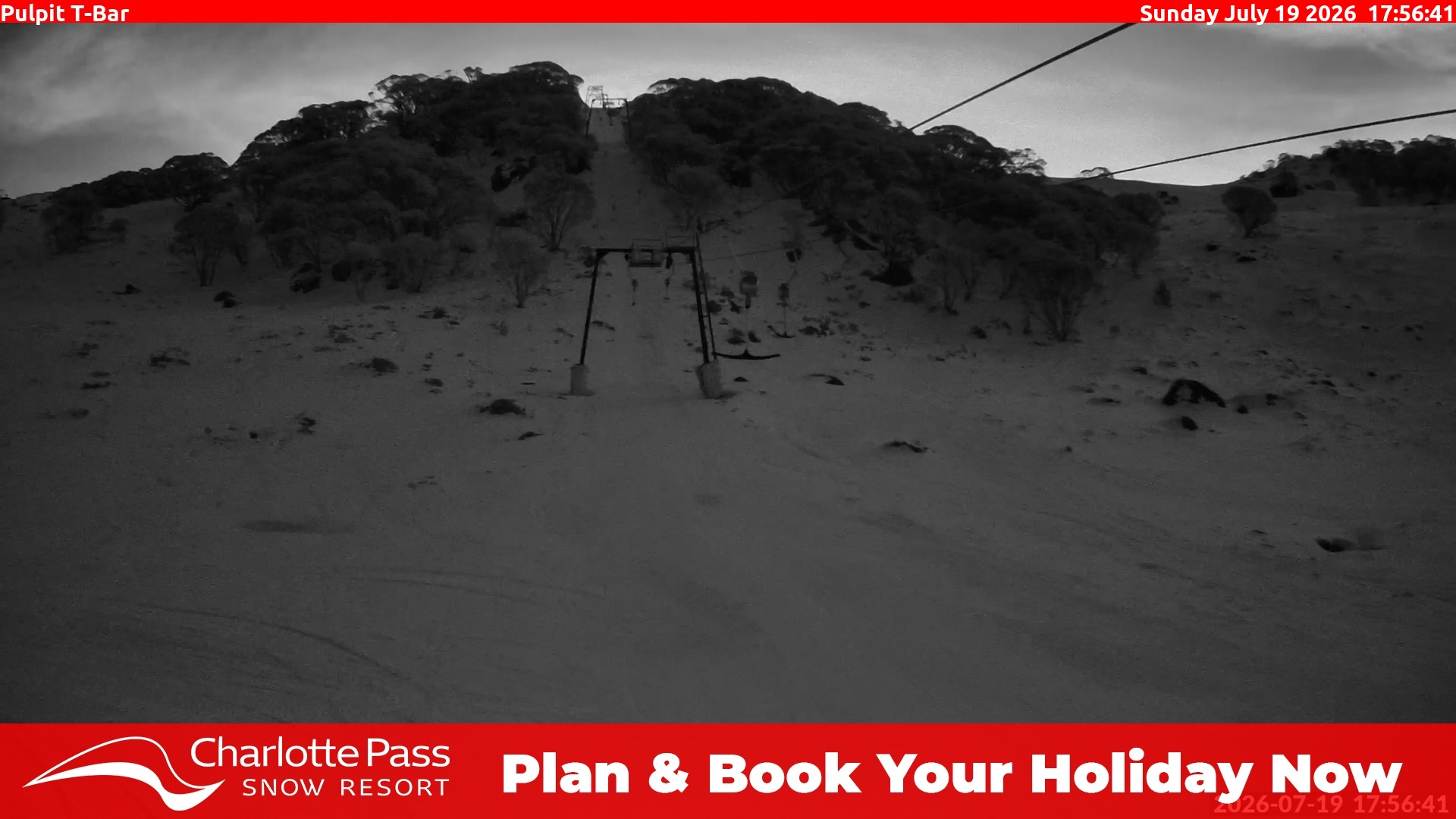 Charlotte Pass Pulpit T-Bar snow cam captured at 19 July 2026 at 6:06 pm AEST