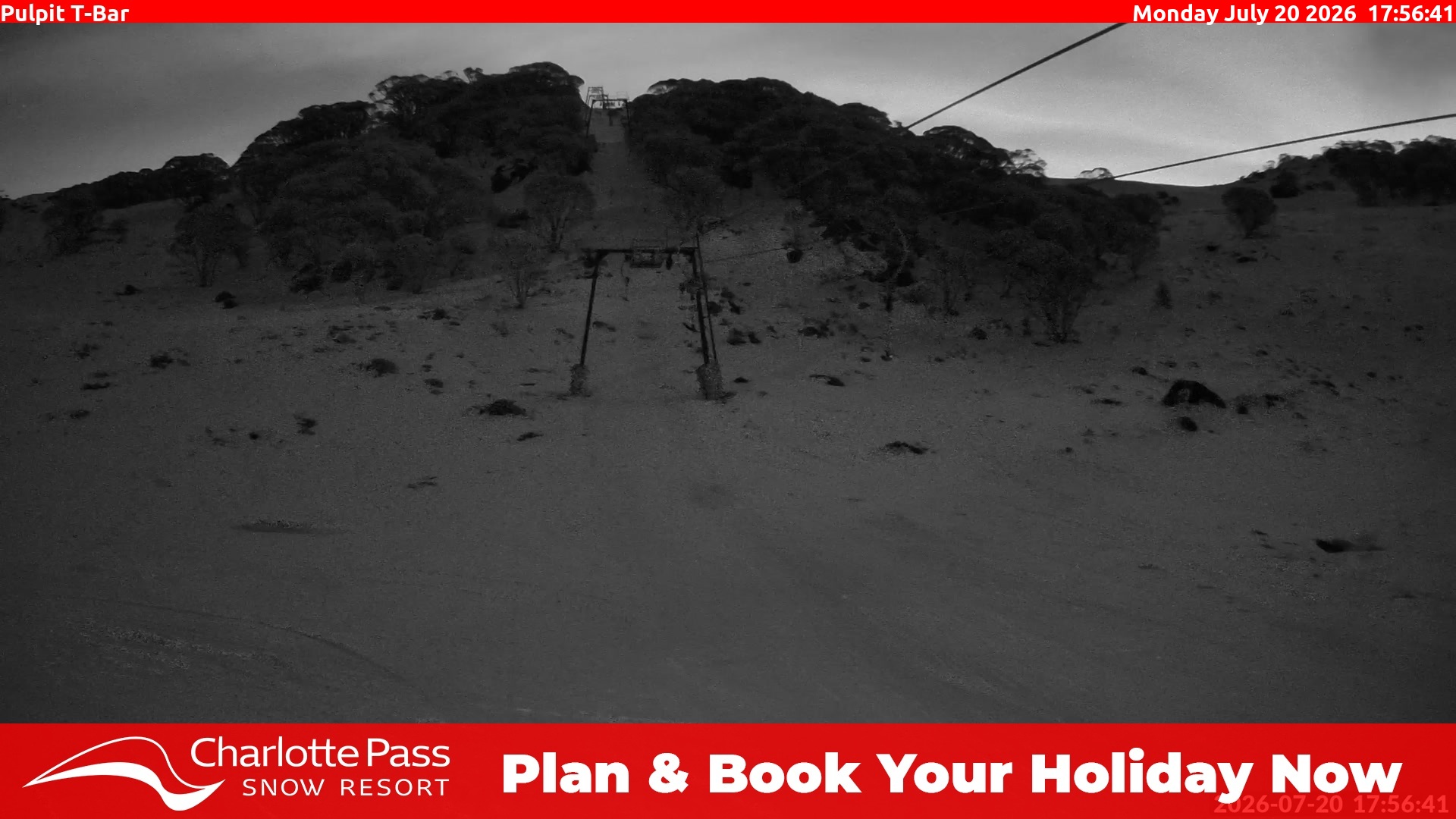 Charlotte Pass Pulpit T-Bar snow cam captured at 20 July 2026 at 5:57 pm AEST