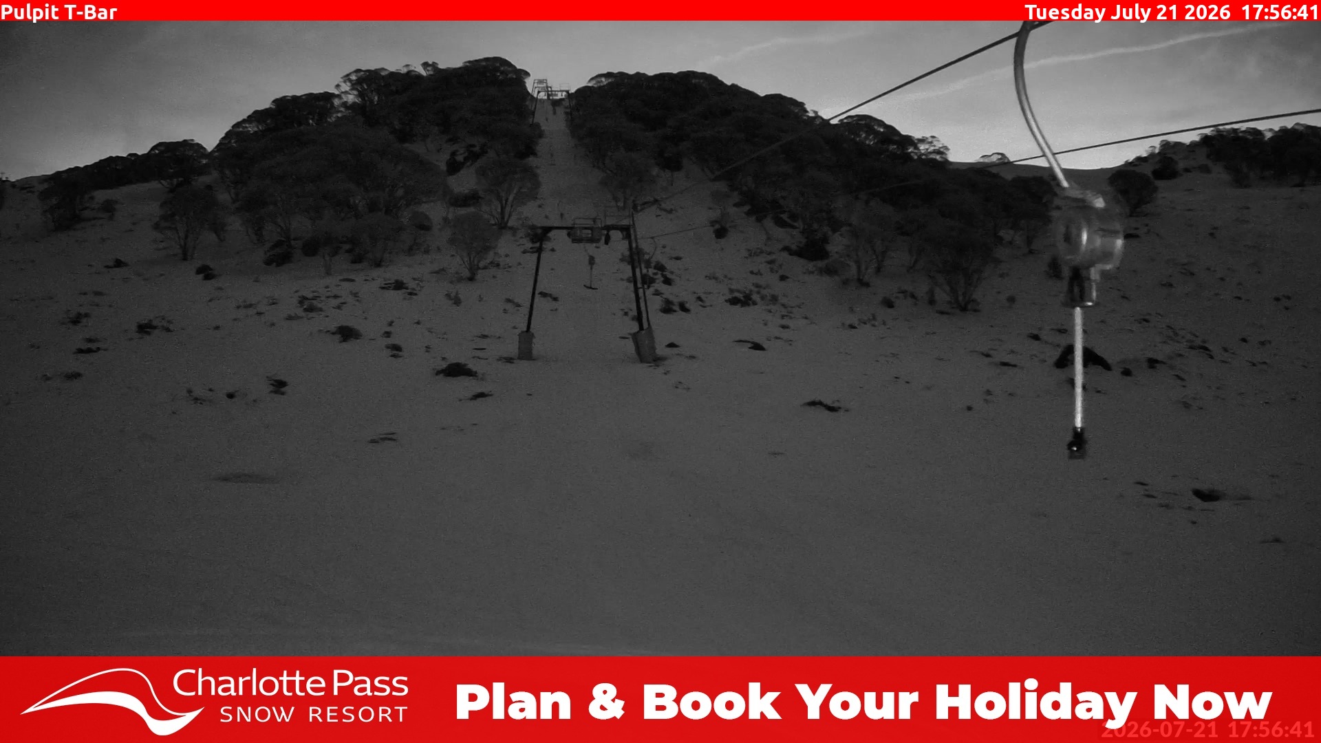 Charlotte Pass Pulpit T-Bar snow cam captured at 21 July 2026 at 5:58 pm AEST