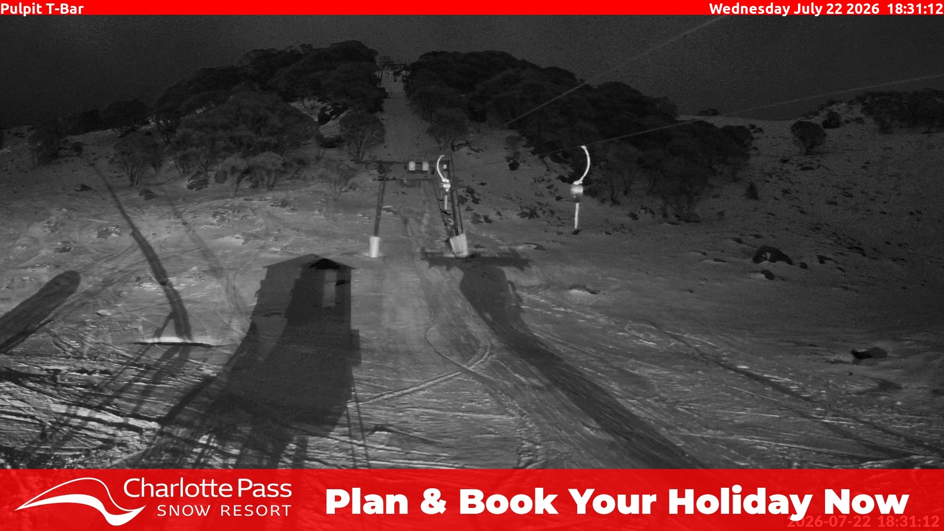 Charlotte Pass Pulpit T-Bar snow cam captured at 22 July 2026 at 6:41 pm AEST