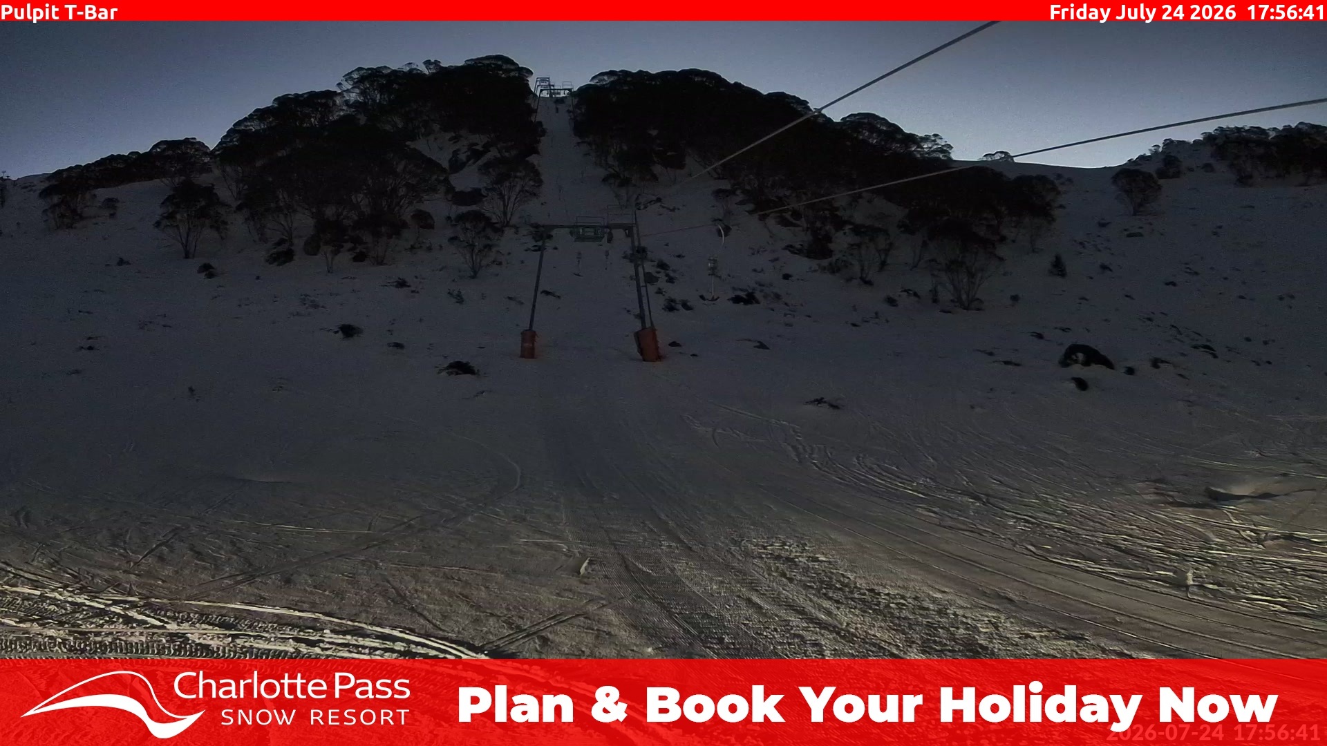 Charlotte Pass Pulpit T-Bar snow cam captured at 24 July 2026 at 6:01 pm AEST