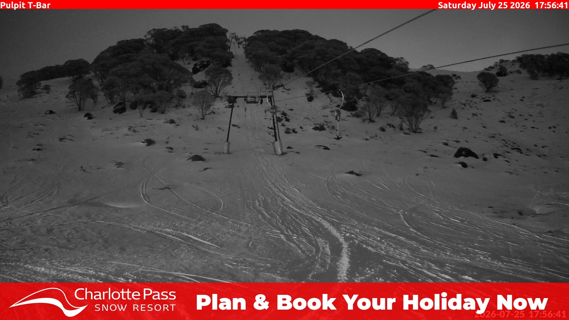 Charlotte Pass Pulpit T-Bar snow cam captured at 25 July 2026 at 6:02 pm AEST