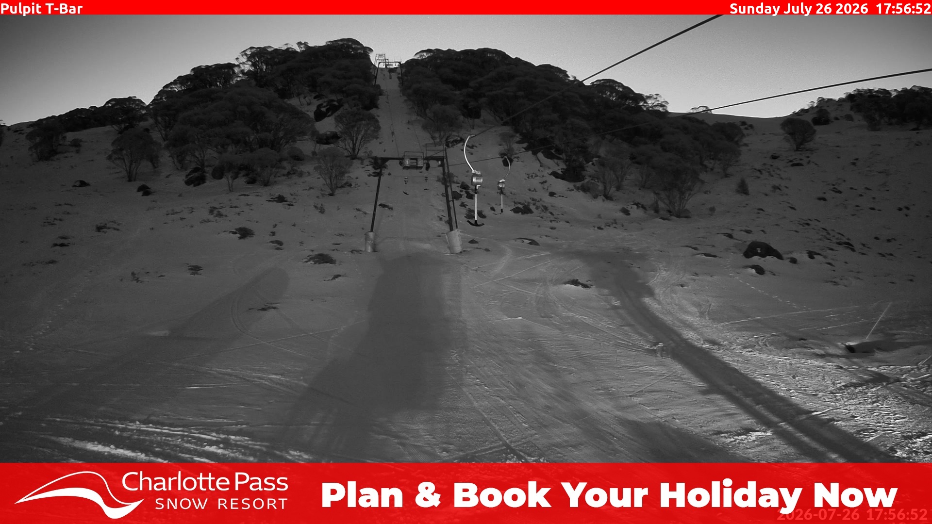 Charlotte Pass Pulpit T-Bar snow cam captured at 26 July 2026 at 6:03 pm AEST