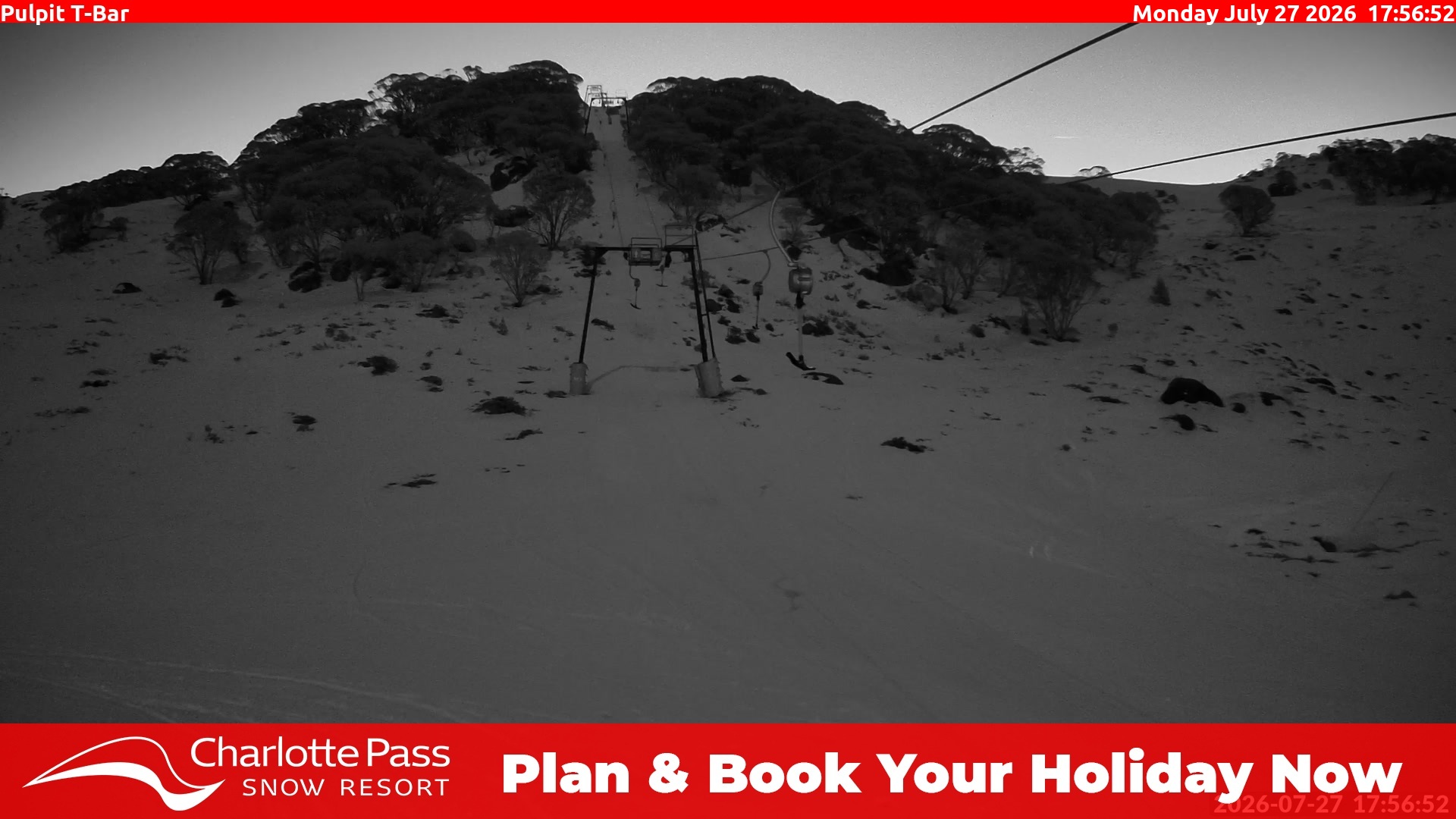 Charlotte Pass Pulpit T-Bar snow cam captured at 27 July 2026 at 6:04 pm AEST