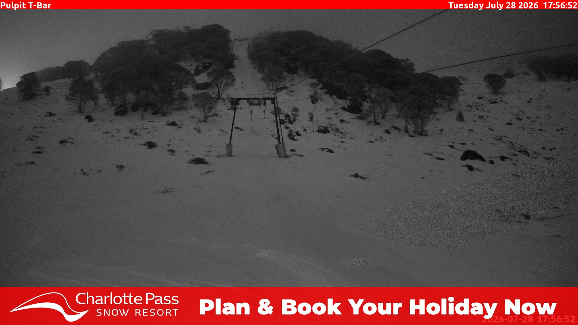 Charlotte Pass Pulpit T-Bar snow cam captured at 28 July 2026 at 6:05 pm AEST