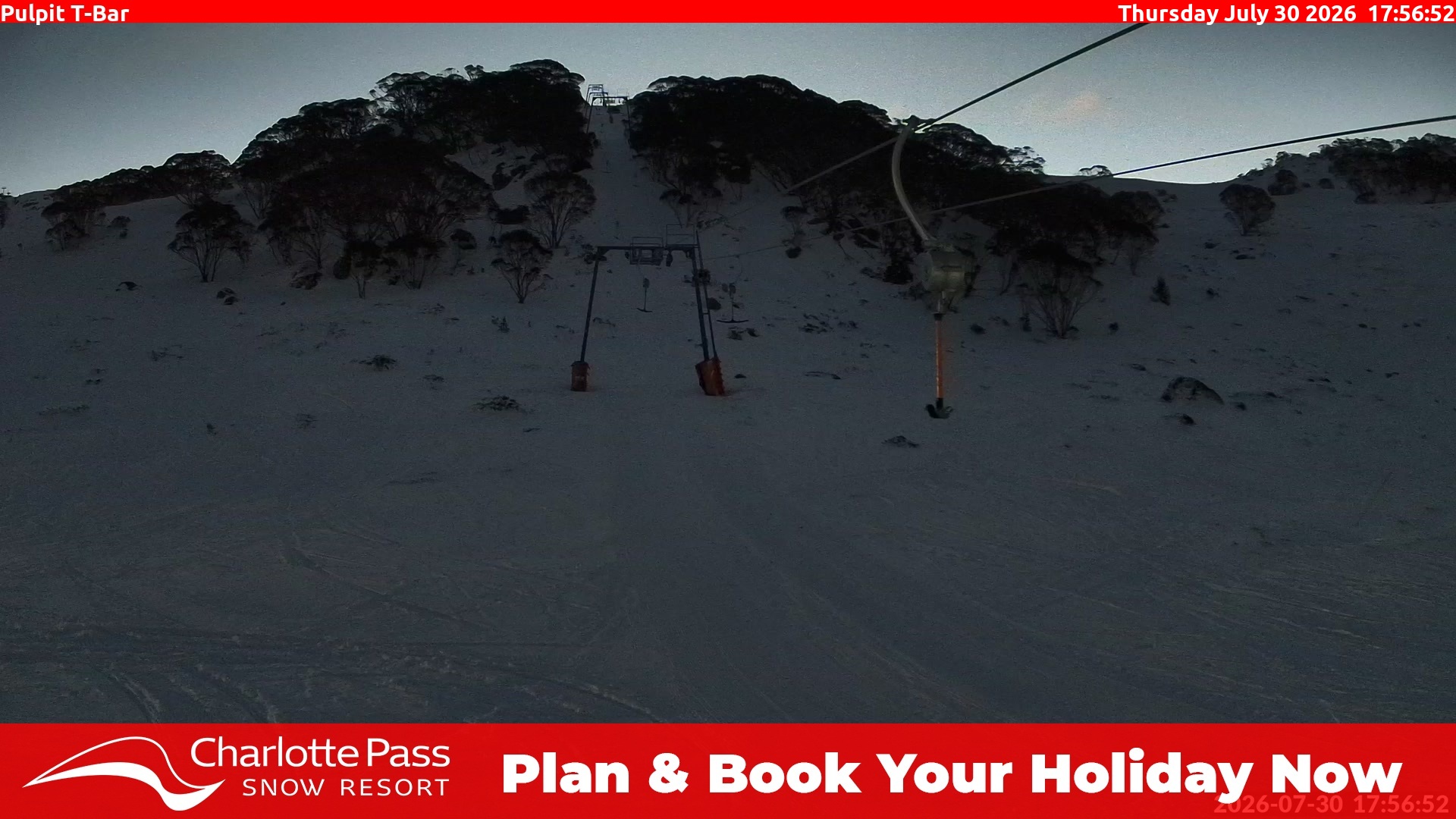 Charlotte Pass Pulpit T-Bar snow cam captured at 30 July 2026 at 6:06 pm AEST