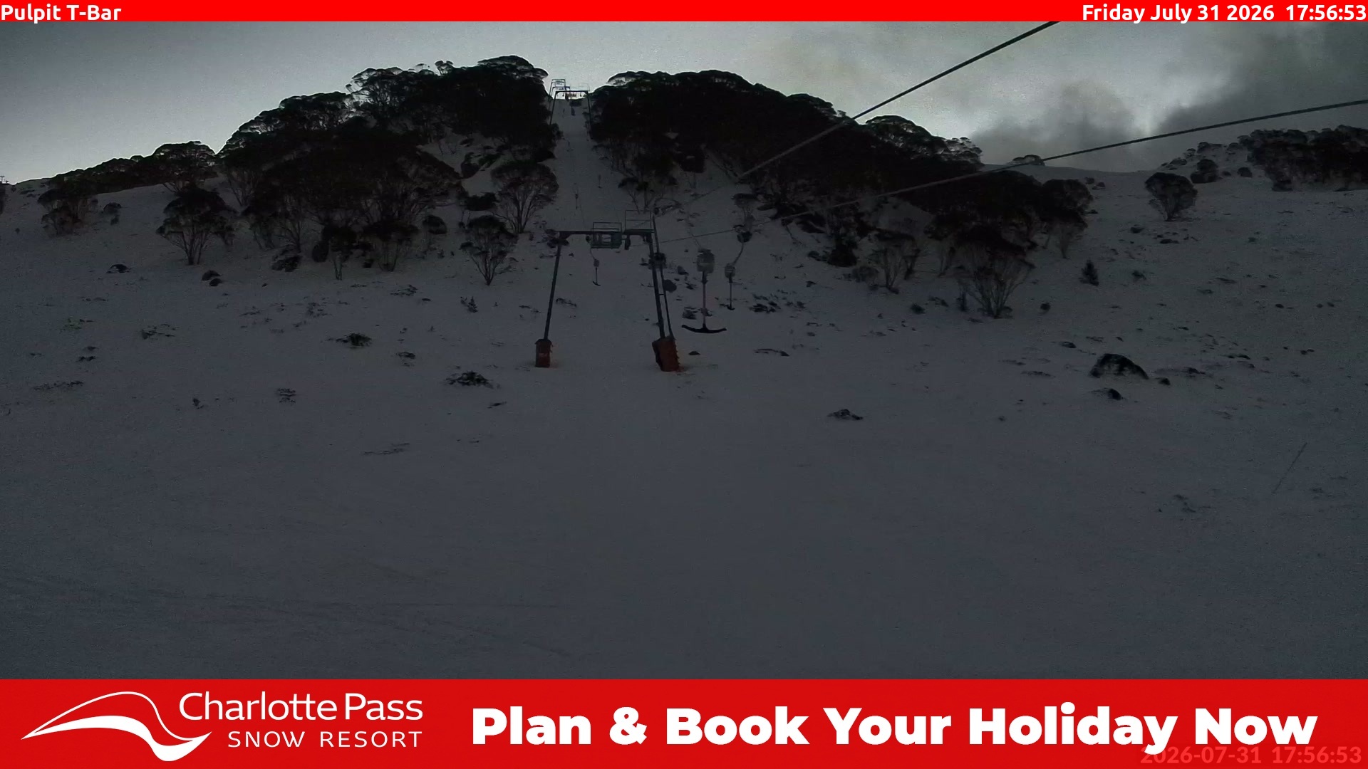 Charlotte Pass Pulpit T-Bar snow cam captured at 31 July 2026 at 6:07 pm AEST