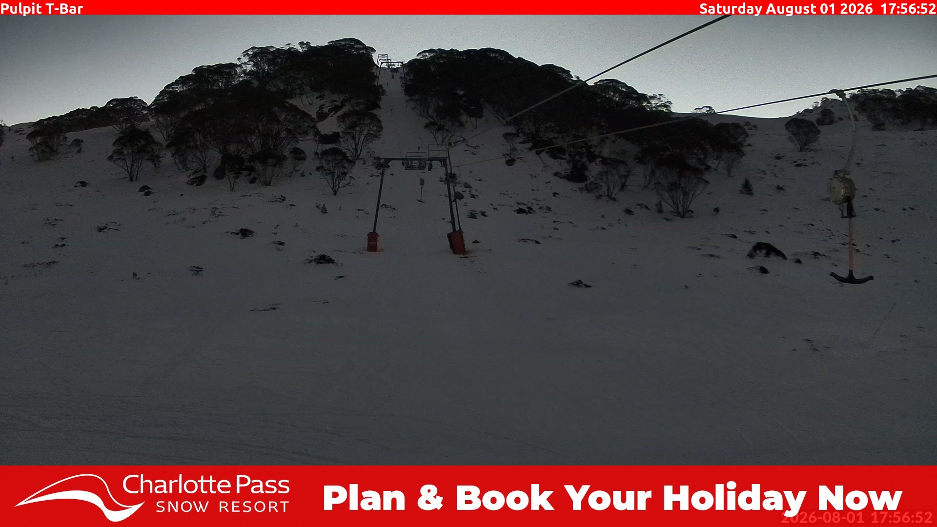 Charlotte Pass Pulpit T-Bar snow cam captured at 1 August 2026 at 6:03 pm AEST