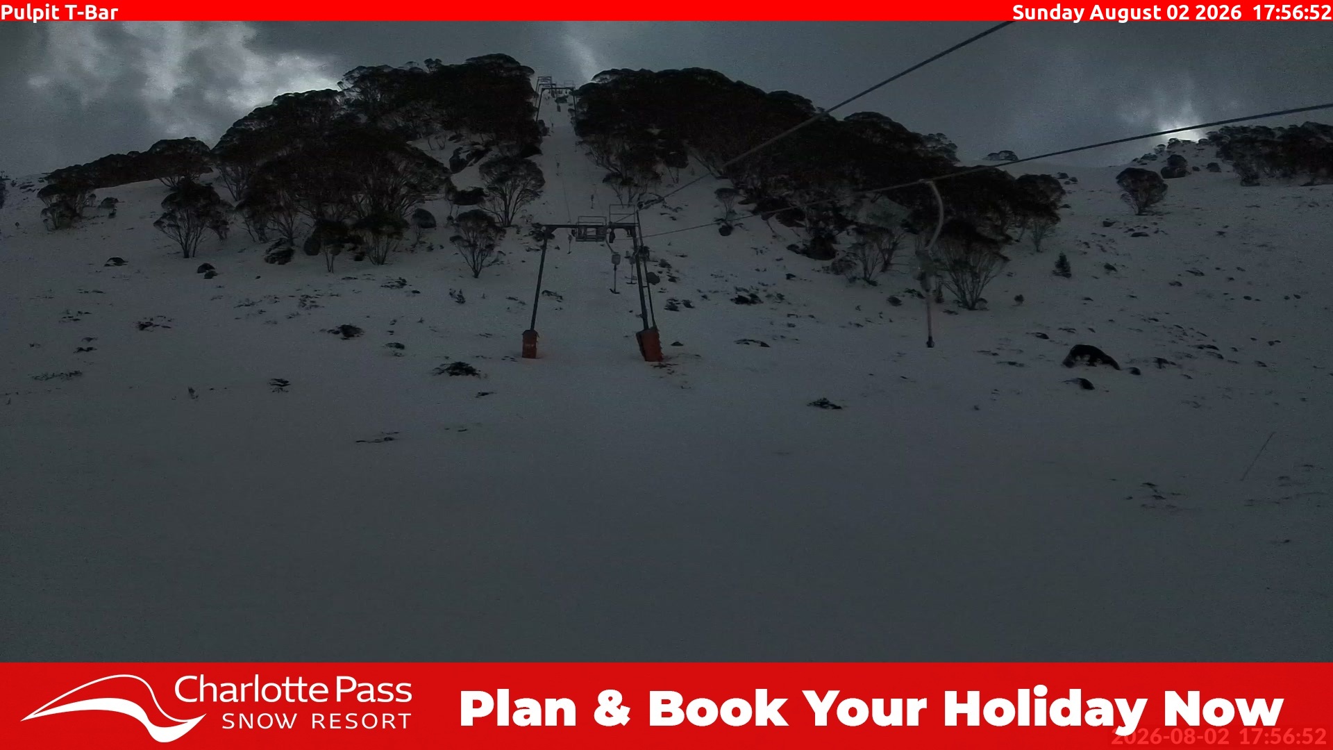 Charlotte Pass Pulpit T-Bar snow cam captured at 2 August 2026 at 6:00 pm AEST