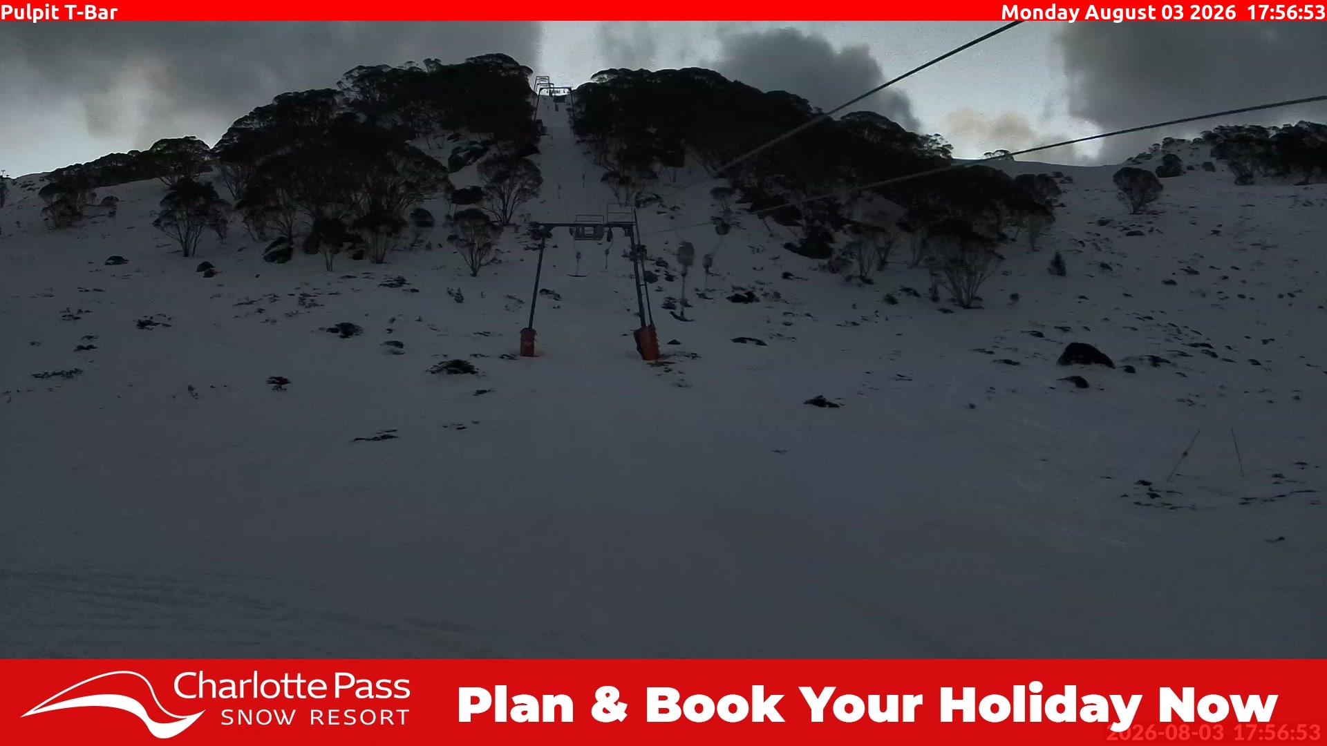Charlotte Pass Pulpit T-Bar snow cam captured at 3 August 2026 at 6:01 pm AEST