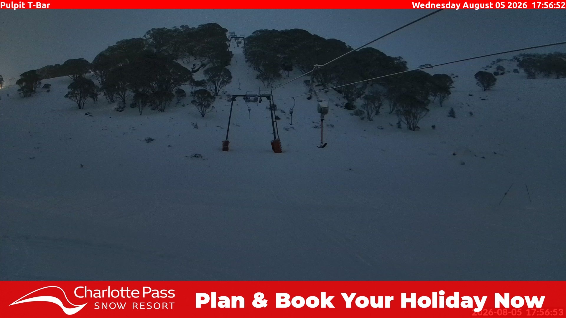 Charlotte Pass Pulpit T-Bar snow cam captured at 5 August 2026 at 6:07 pm AEST