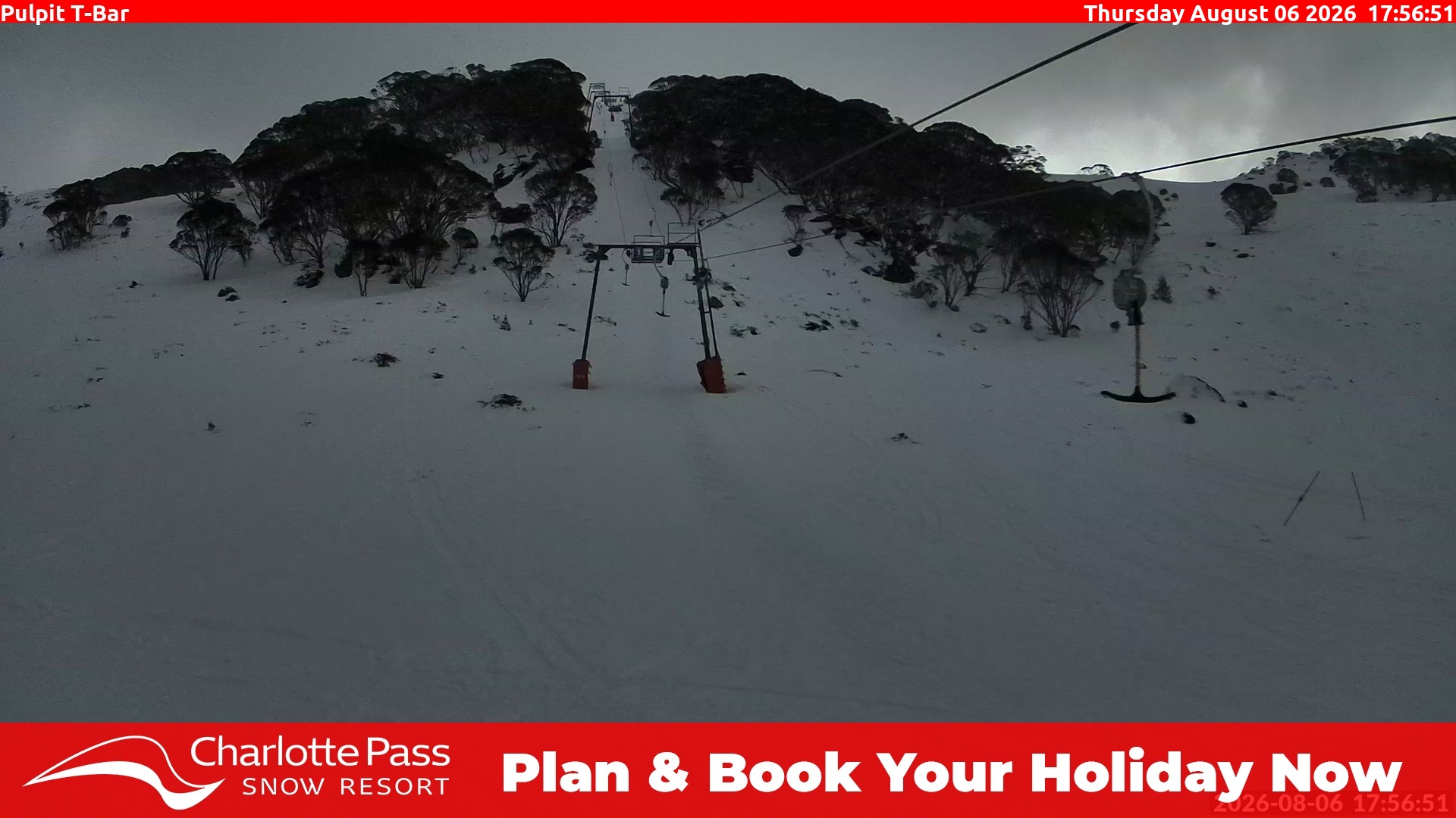 Charlotte Pass Pulpit T-Bar snow cam captured at 6 August 2026 at 5:57 pm AEST