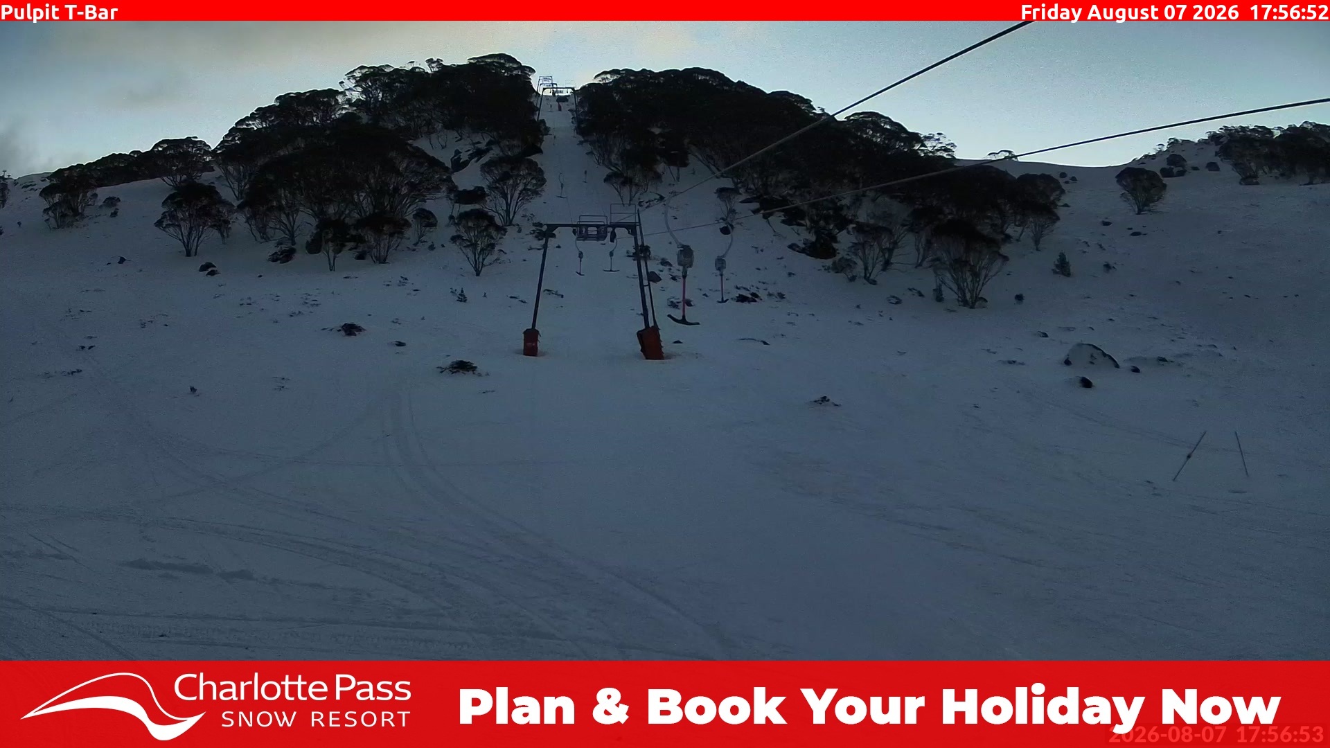 Charlotte Pass Pulpit T-Bar snow cam captured at 7 August 2026 at 5:58 pm AEST