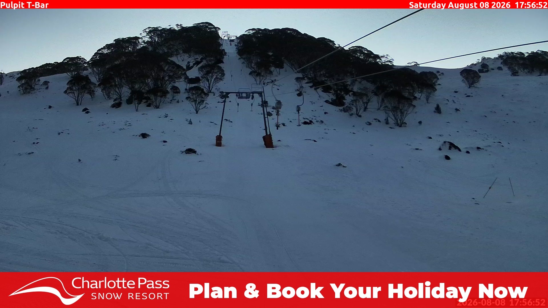 Charlotte Pass Pulpit T-Bar snow cam captured at 8 August 2026 at 5:59 pm AEST
