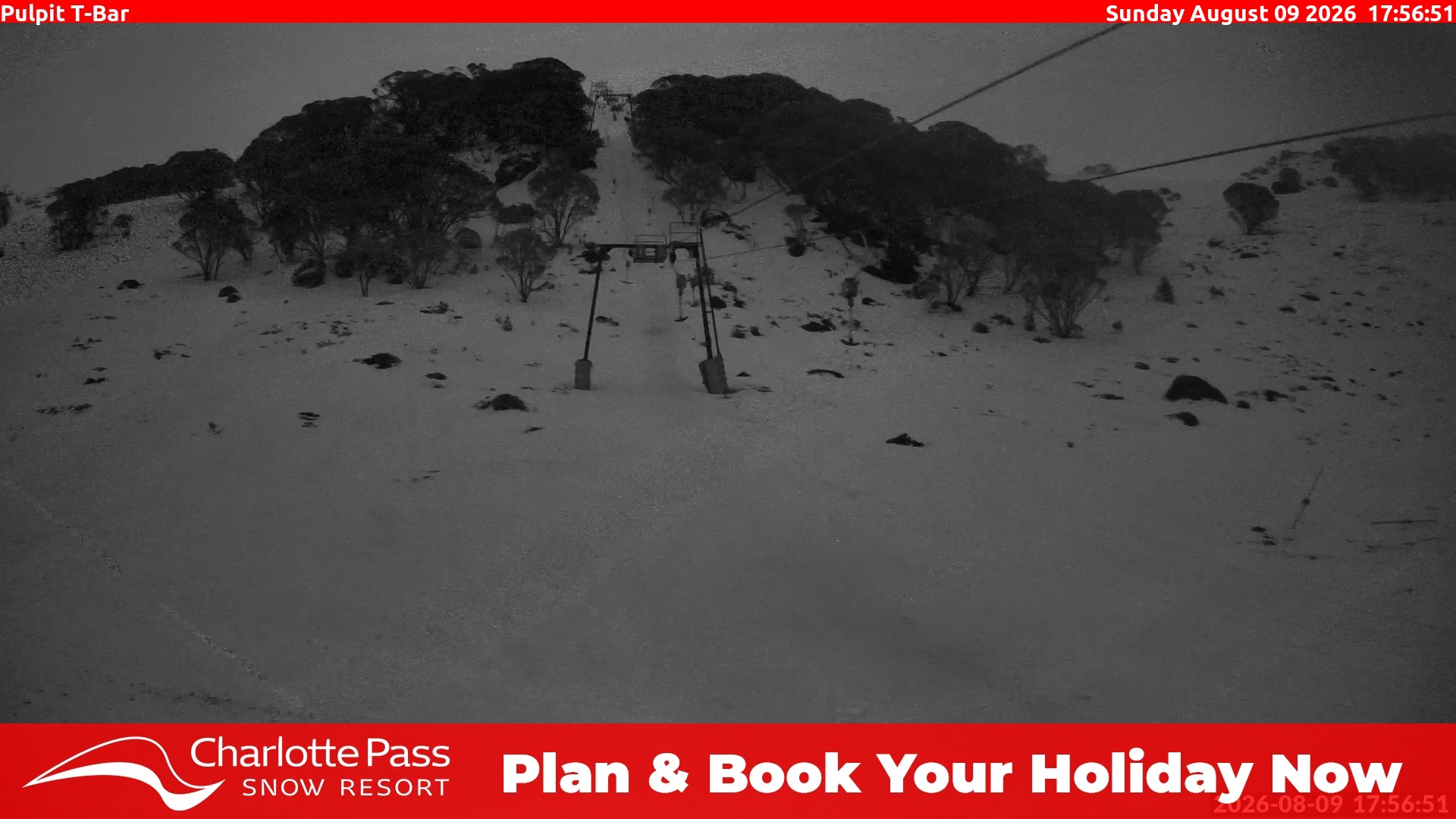 Charlotte Pass Pulpit T-Bar snow cam captured at 9 August 2026 at 6:01 pm AEST