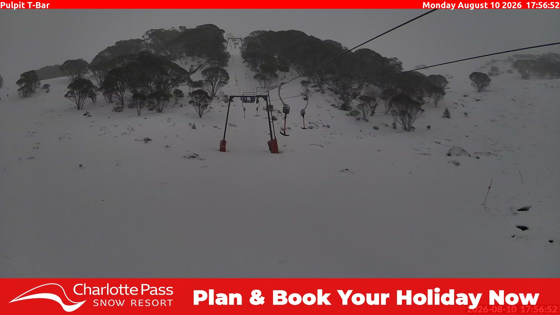 Charlotte Pass Pulpit T-Bar snow cam captured at 10 August 2026 at 6:00 pm AEST