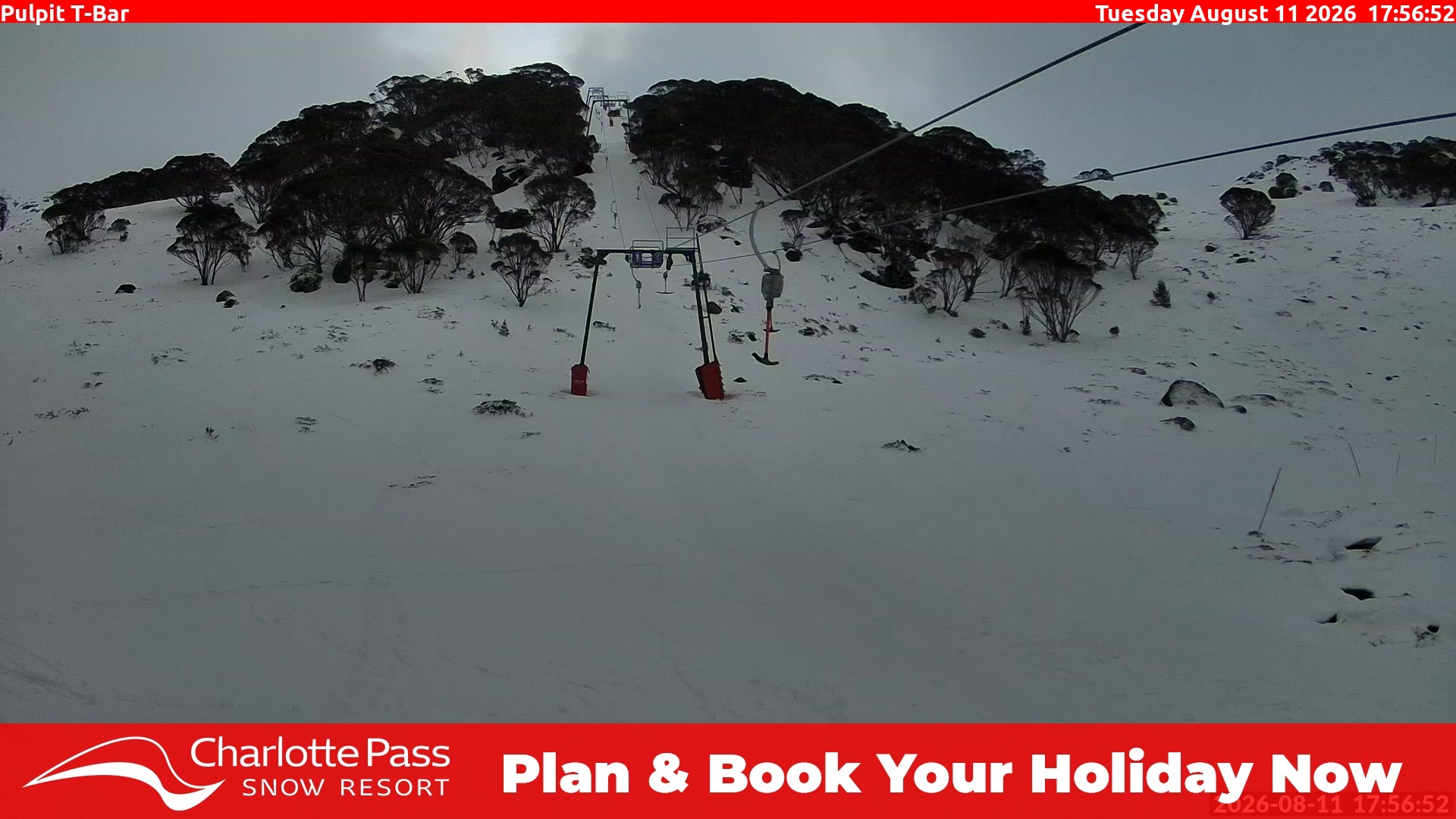 Charlotte Pass Pulpit T-Bar snow cam captured at 11 August 2026 at 6:01 pm AEST
