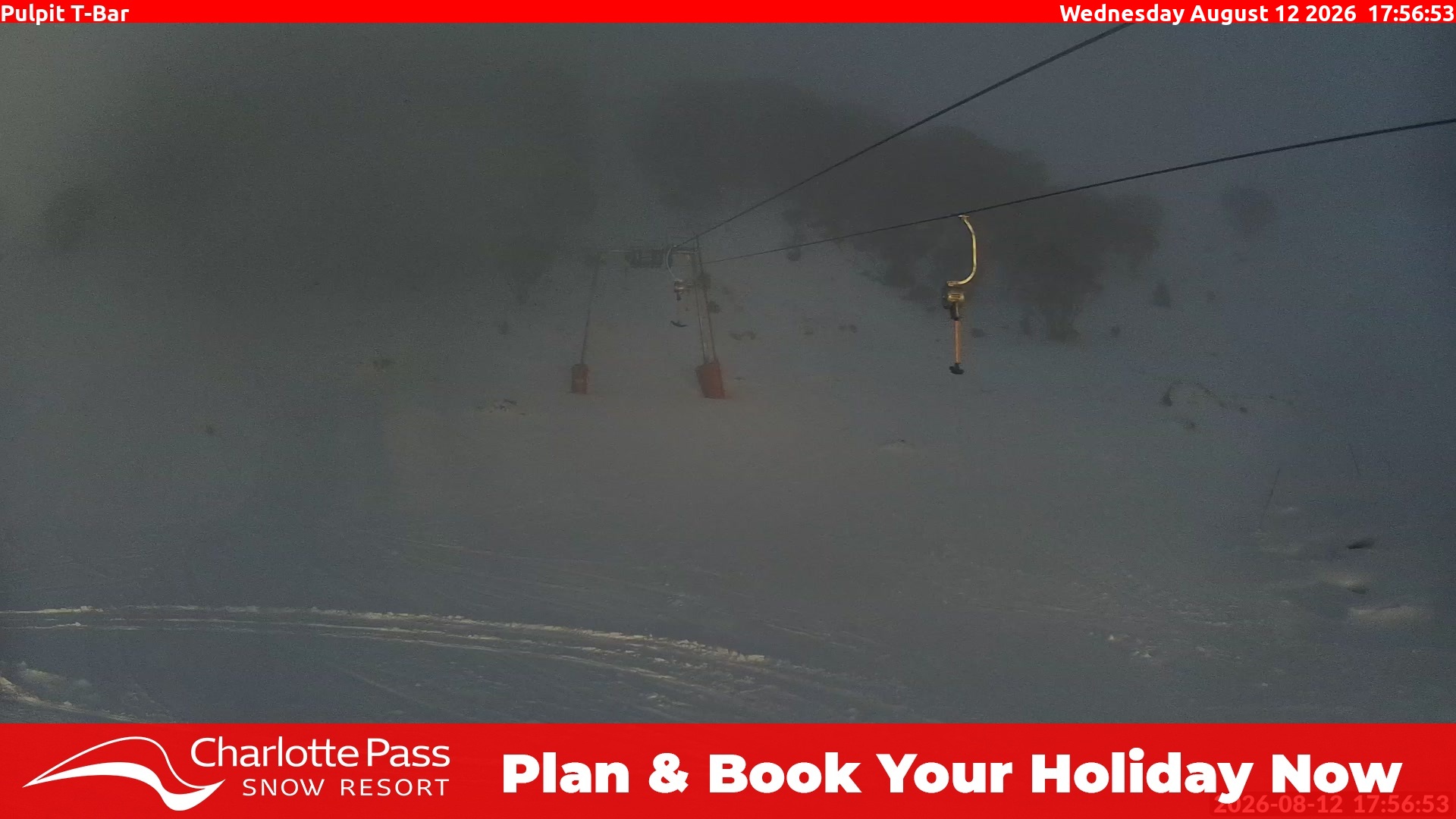 Charlotte Pass Pulpit T-Bar snow cam captured at 12 August 2026 at 6:01 pm AEST