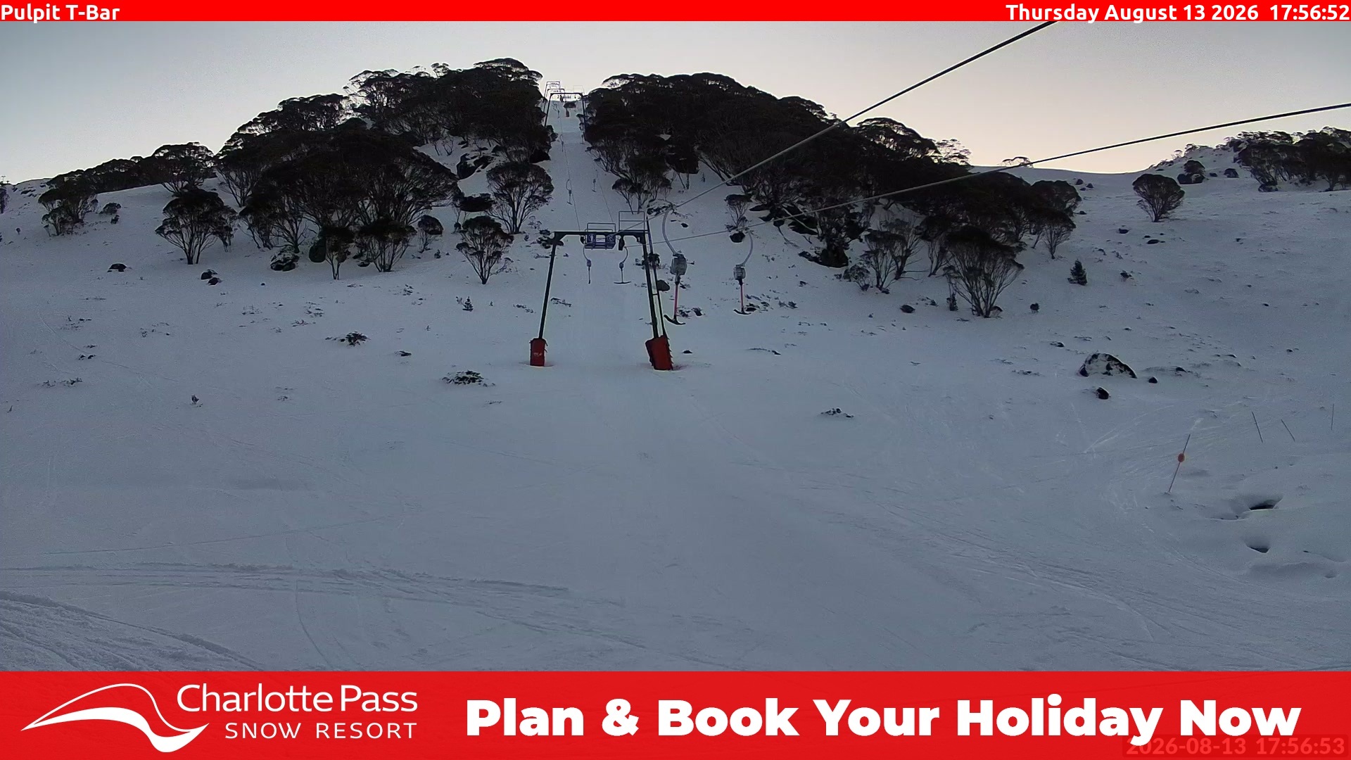 Charlotte Pass Pulpit T-Bar snow cam captured at 13 August 2026 at 6:02 pm AEST