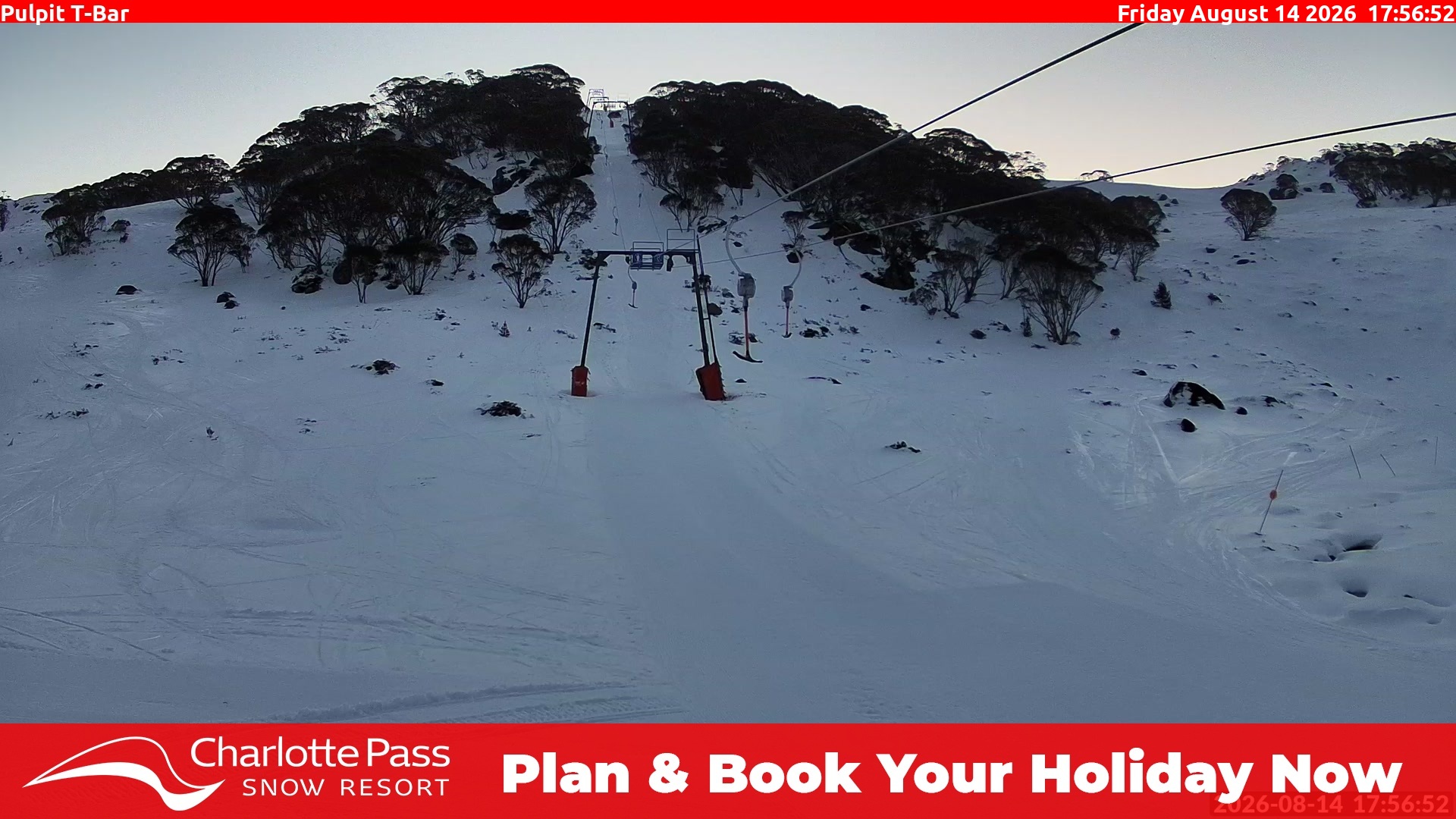 Charlotte Pass Pulpit T-Bar snow cam captured at 14 August 2026 at 6:04 pm AEST