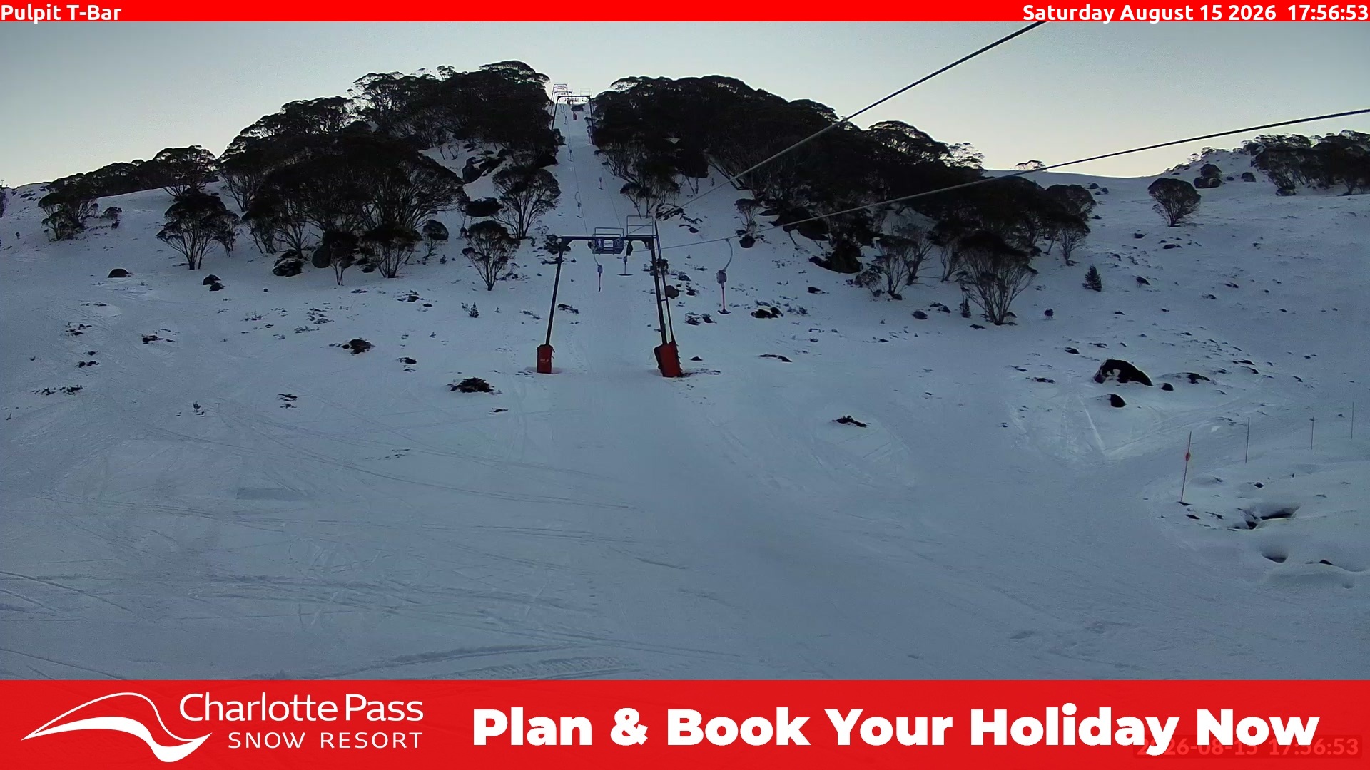 Charlotte Pass Pulpit T-Bar snow cam captured at 15 August 2026 at 6:05 pm AEST