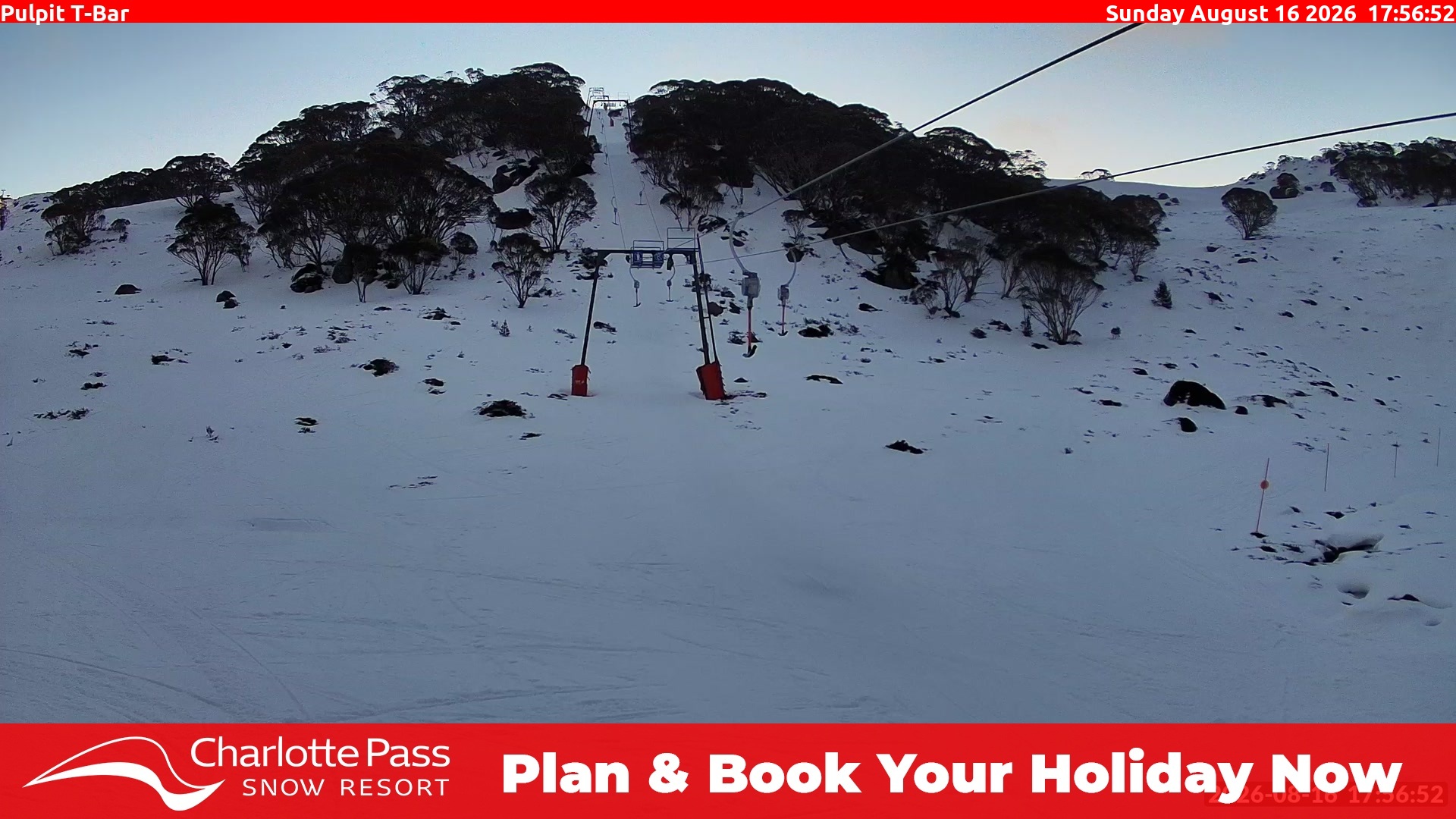 Charlotte Pass Pulpit T-Bar snow cam captured at 16 August 2026 at 6:07 pm AEST