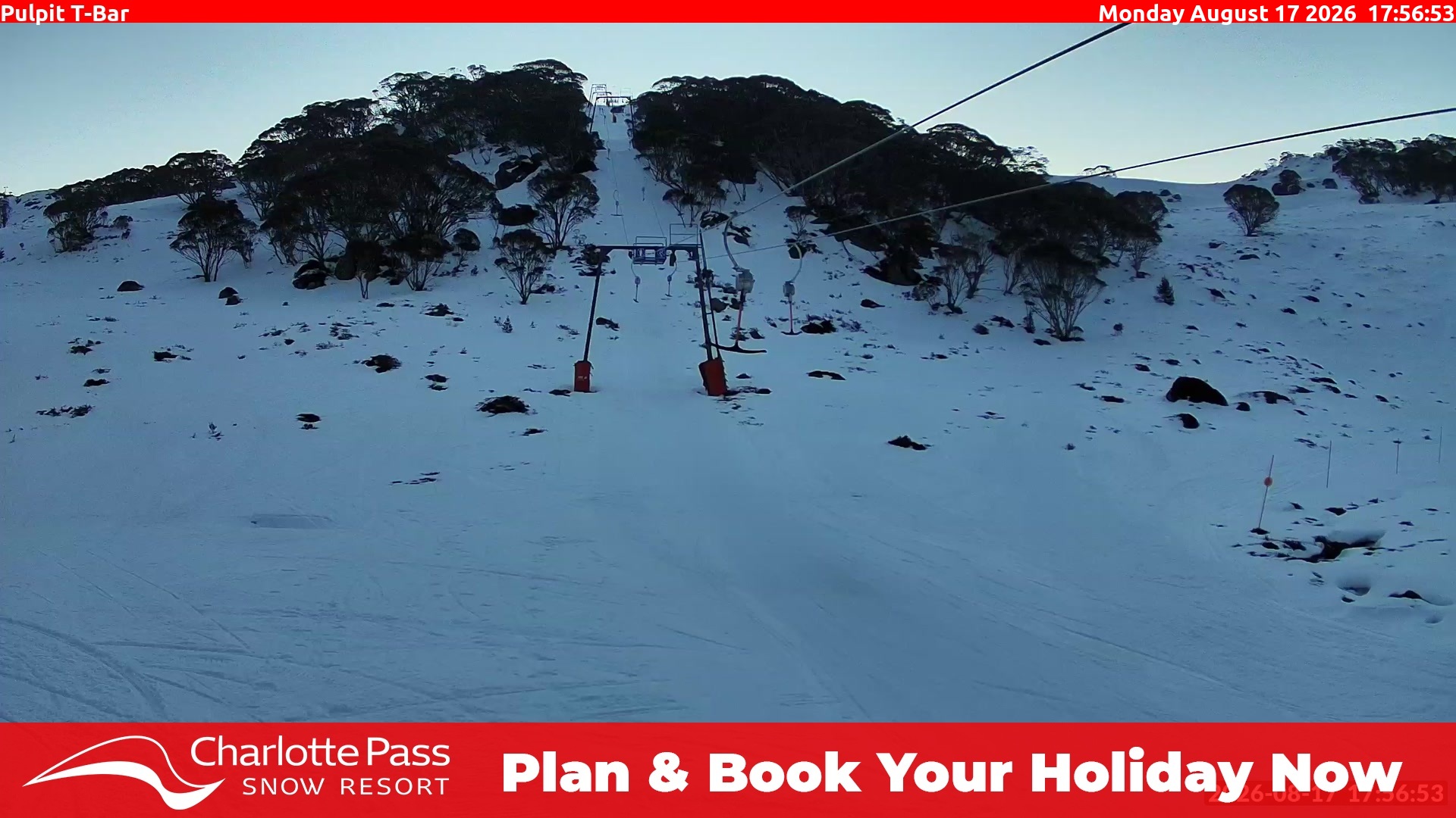 Charlotte Pass Pulpit T-Bar snow cam captured at 17 August 2026 at 5:57 pm AEST