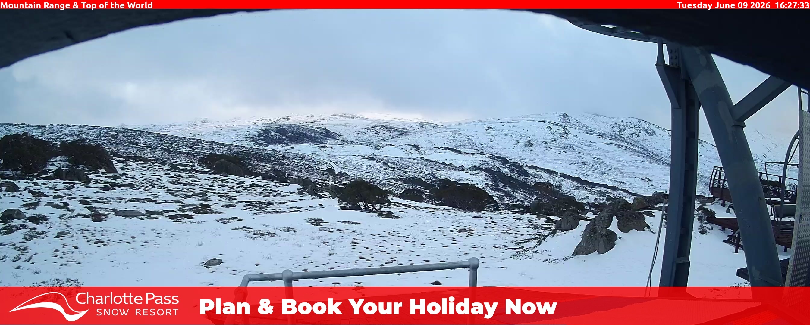 Charlotte Pass Mountain Range and Top of the World snow cam captured at 9 June 2026, 6:30 am