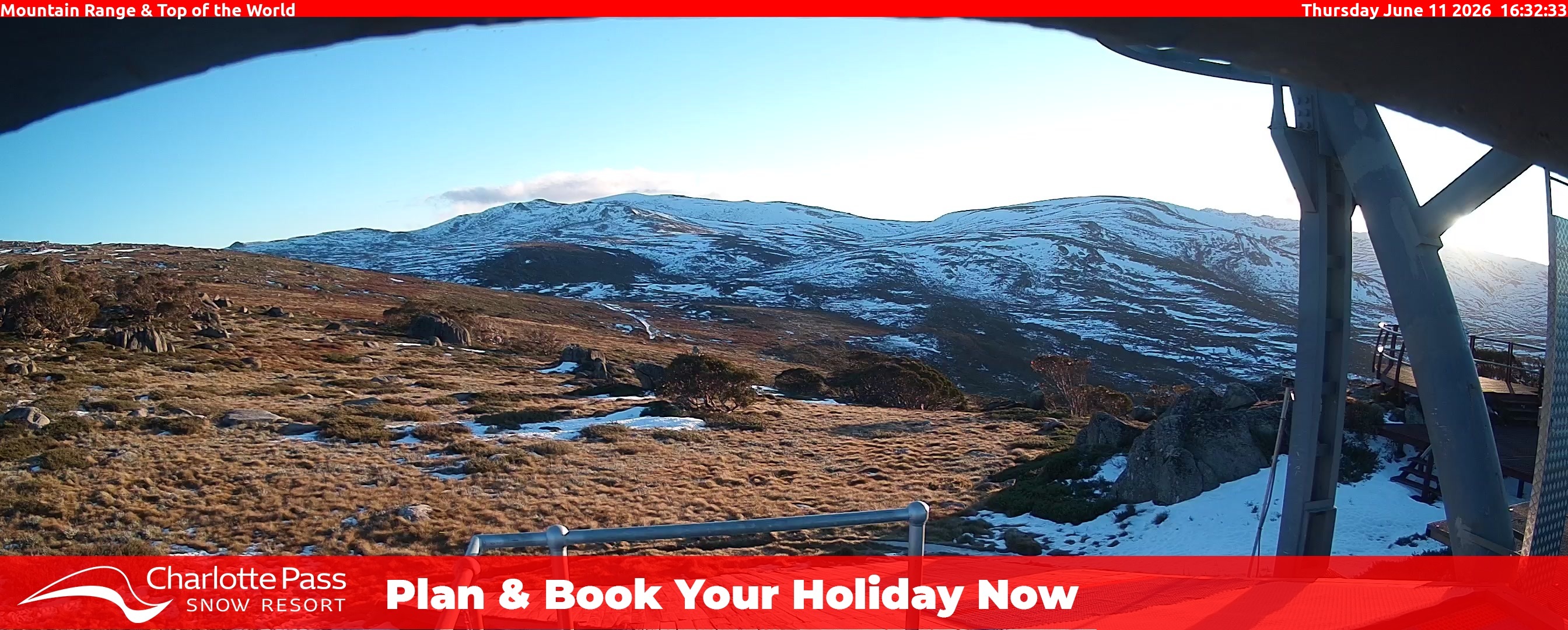 Charlotte Pass Mountain Range and Top of the World snow cam captured at 11 June 2026, 6:34 am